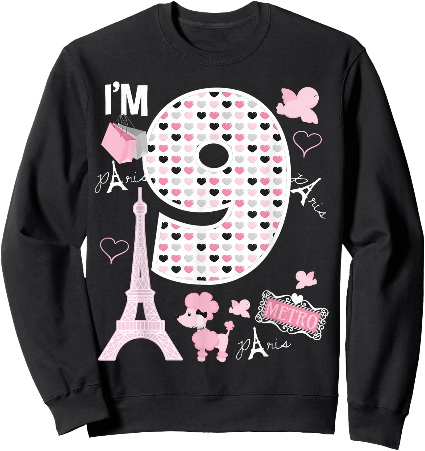 Paris 9th Birthday Girl Paris 9 Year Old Matching Family Sweatshirt - Sweatshirt | Black