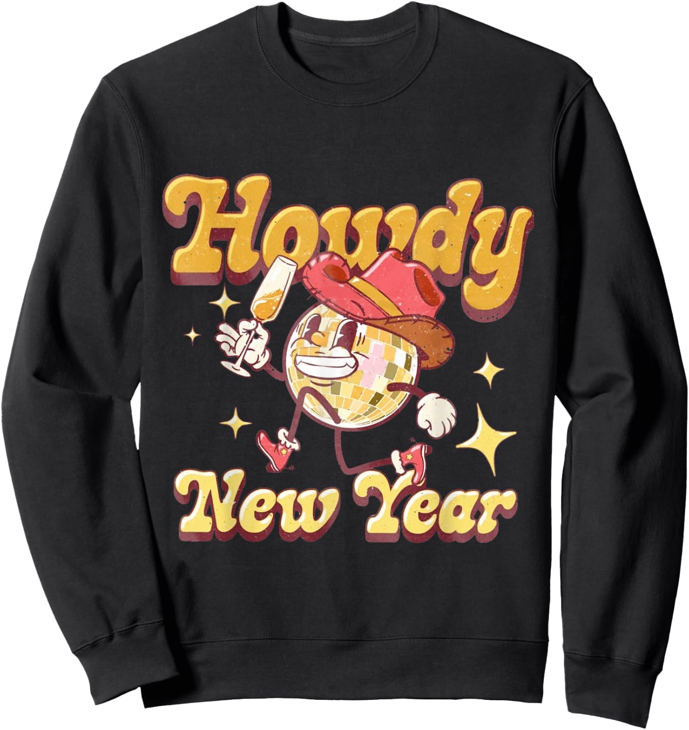 Howdy New Year 2024 Western Cowgirl Hat And Disco Balls Sweatshirt - Sweatshirt | Black