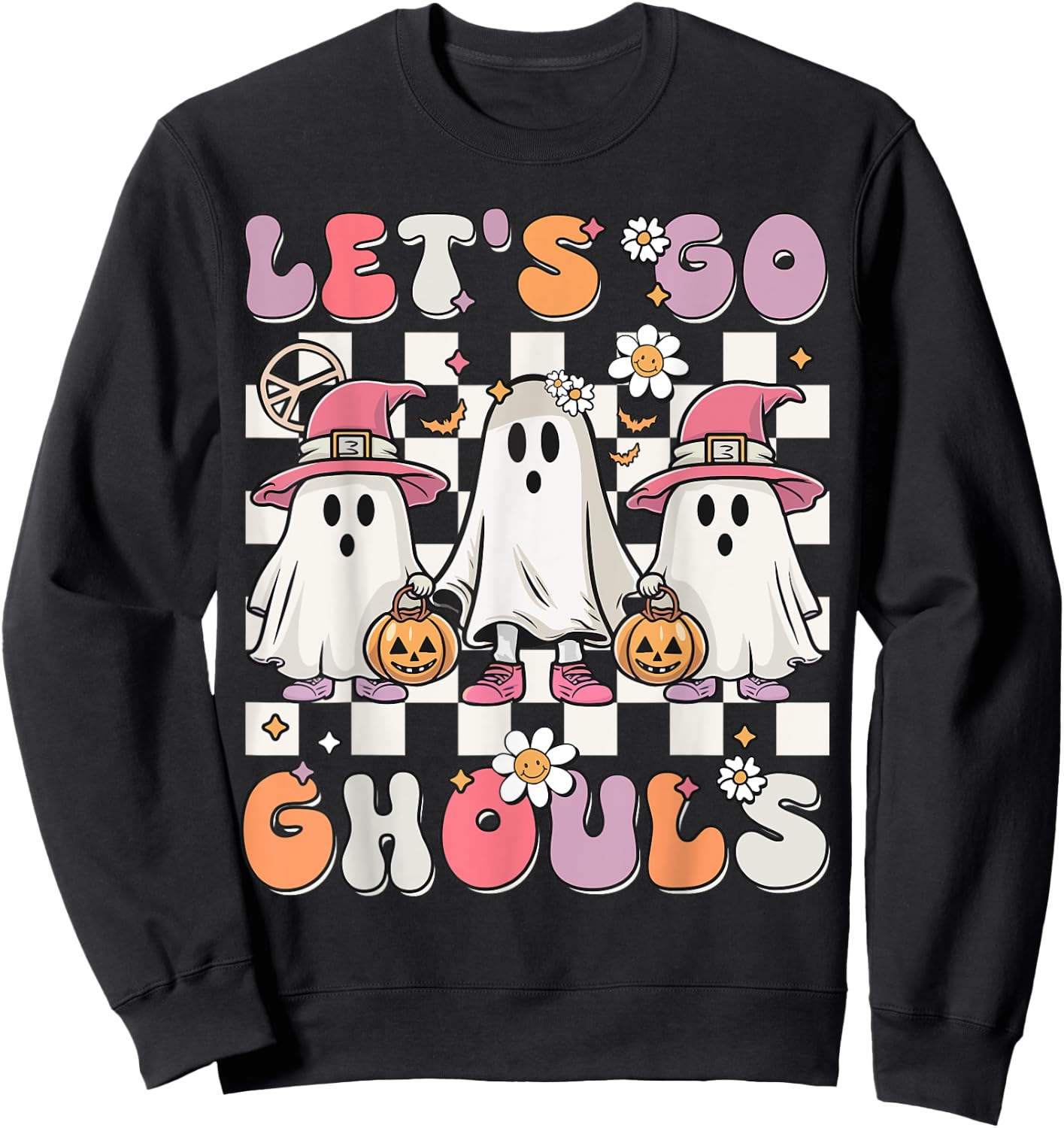 Women Girls Let's Go Ghouls Halloween Retro Ghost Costume Sweatshirt - Sweatshirt | Black