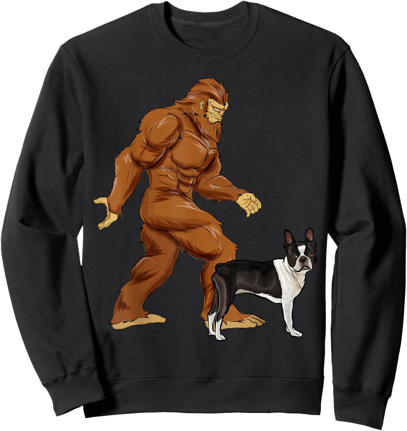 Funny Bigfoot Walking Boston Terrier Sasquatch Dog Sweatshirt - Sweatshirt | Black