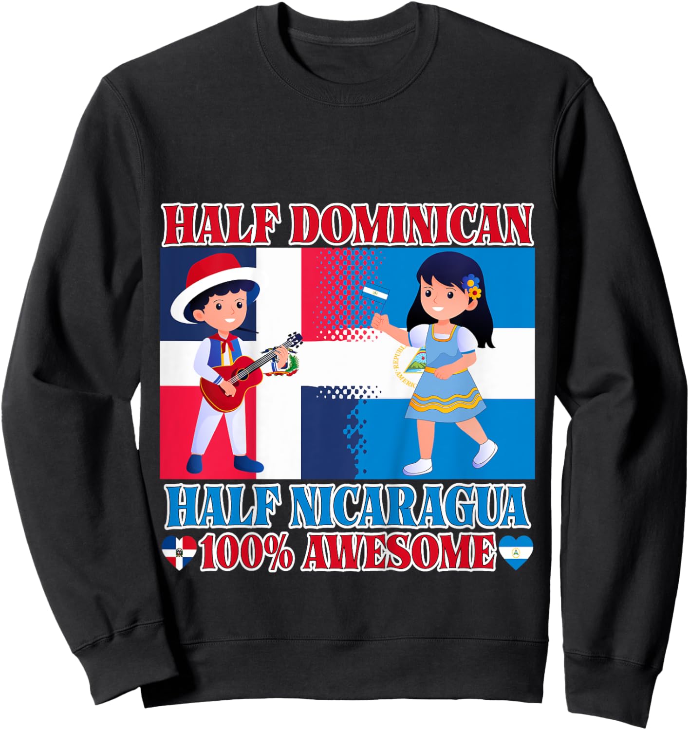 Half Nicaraguan Half Dominican Republic Flag Toddler Girls Sweatshirt - Sweatshirt | Black
