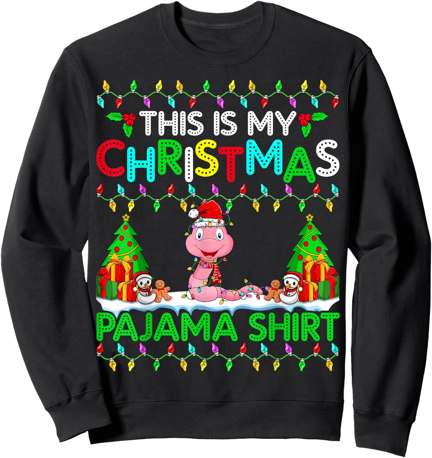 Worm Christmas Xmas Santa Hat Pajama Shirt - Worm Lover Sweatshirt - Sweatshirt | Black