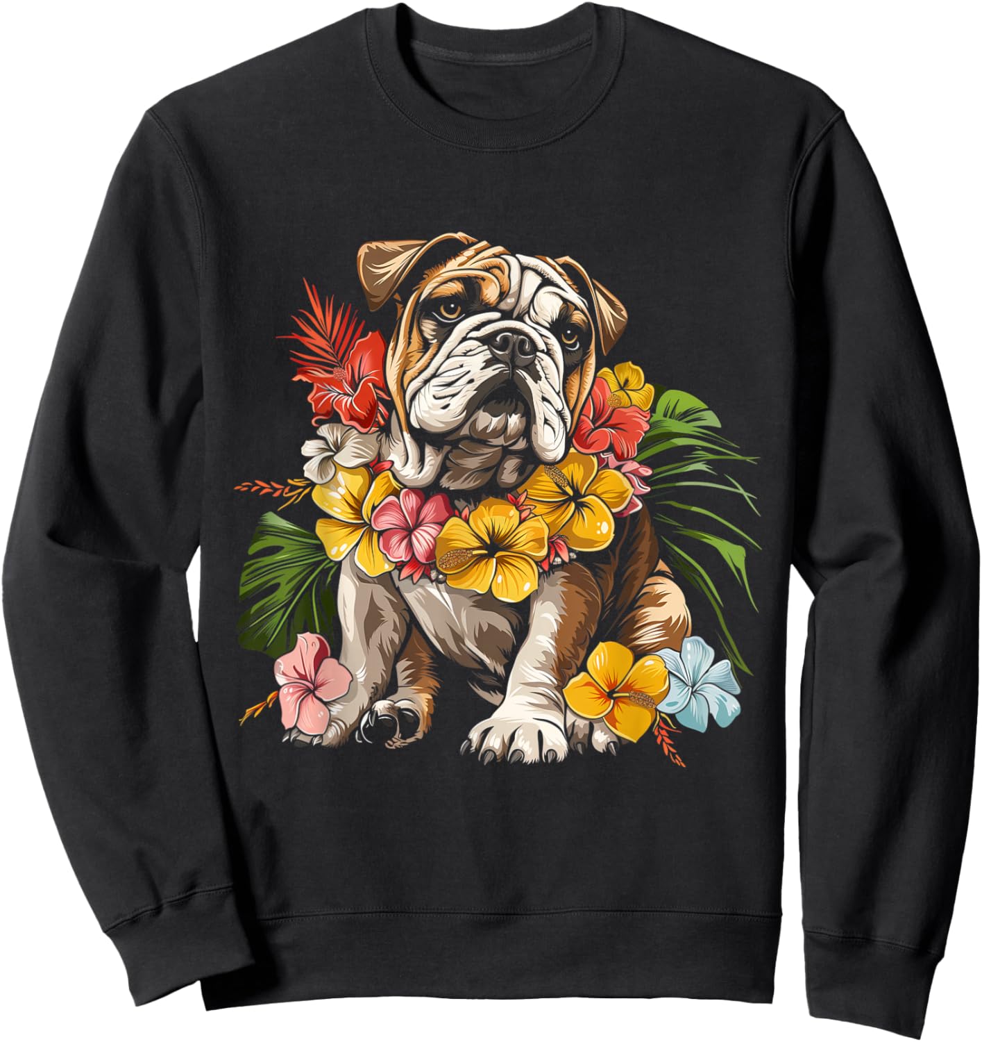 Bulldog Hawaiian Flowers Hibiscus Hula Hawaii Dog Sweatshirt - Sweatshirt | Black
