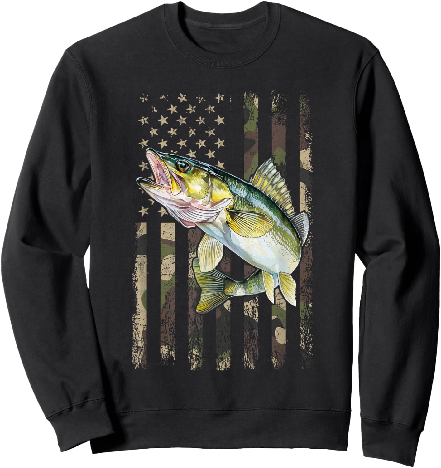 Walleye Camo American Flag, Fishing Walleye Sweatshirt - Sweatshirt | Black