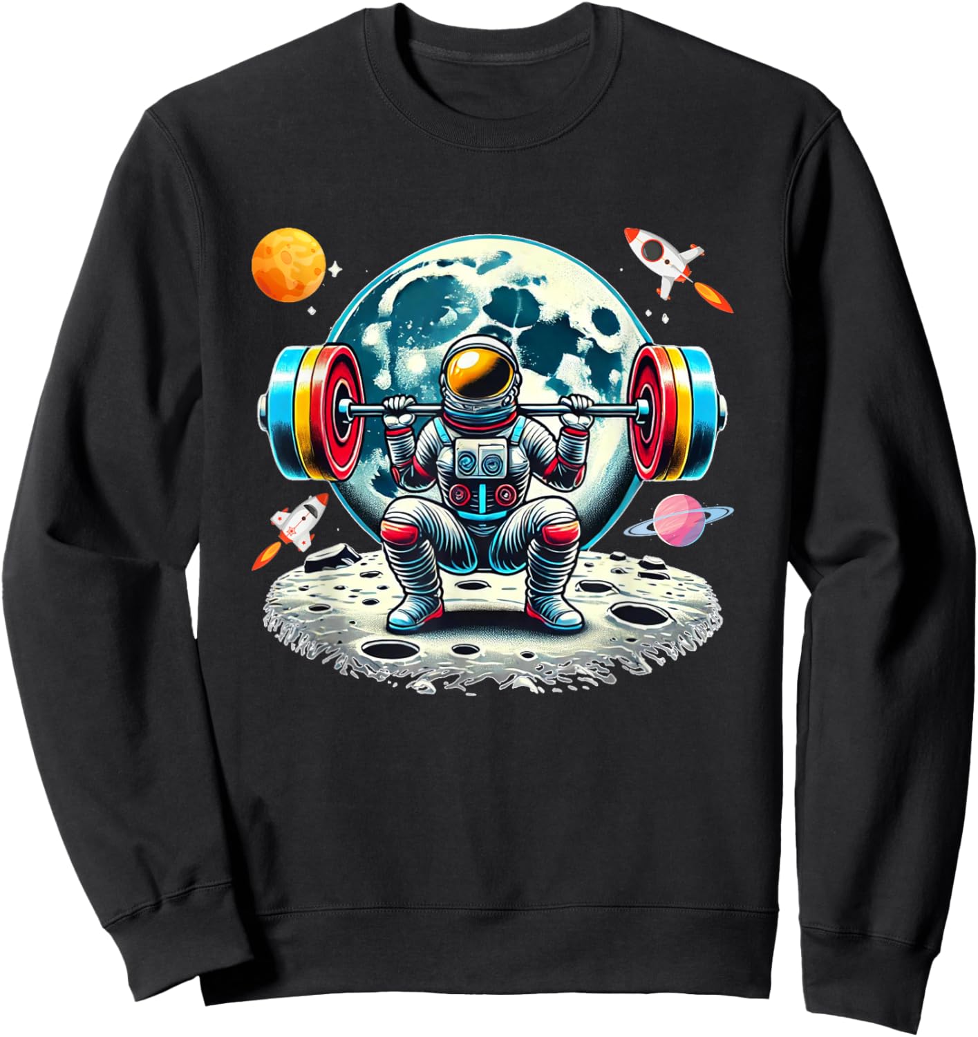 Funny Astronaut Working Out Gym Barbell Squats Outer Space Sweatshirt - Sweatshirt | Black