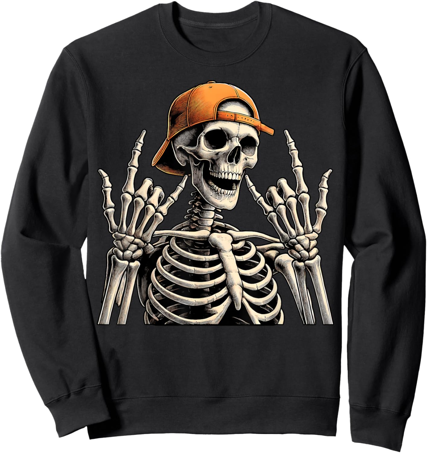 Retro Skeleton Halloween Rock Hand Sign Rock N Roll 90s Sweatshirt - Sweatshirt | Black