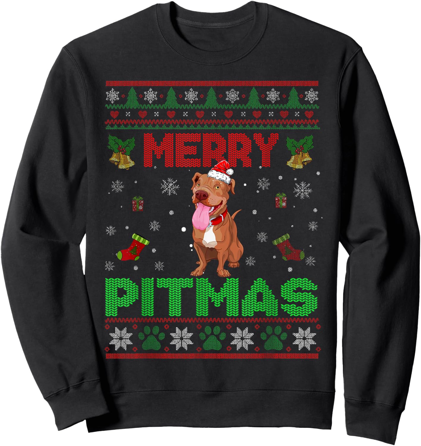 Merry Pitmas Funny Pit Bull Christmas Sweater Gifts Sweatshirt - Sweatshirt | Black