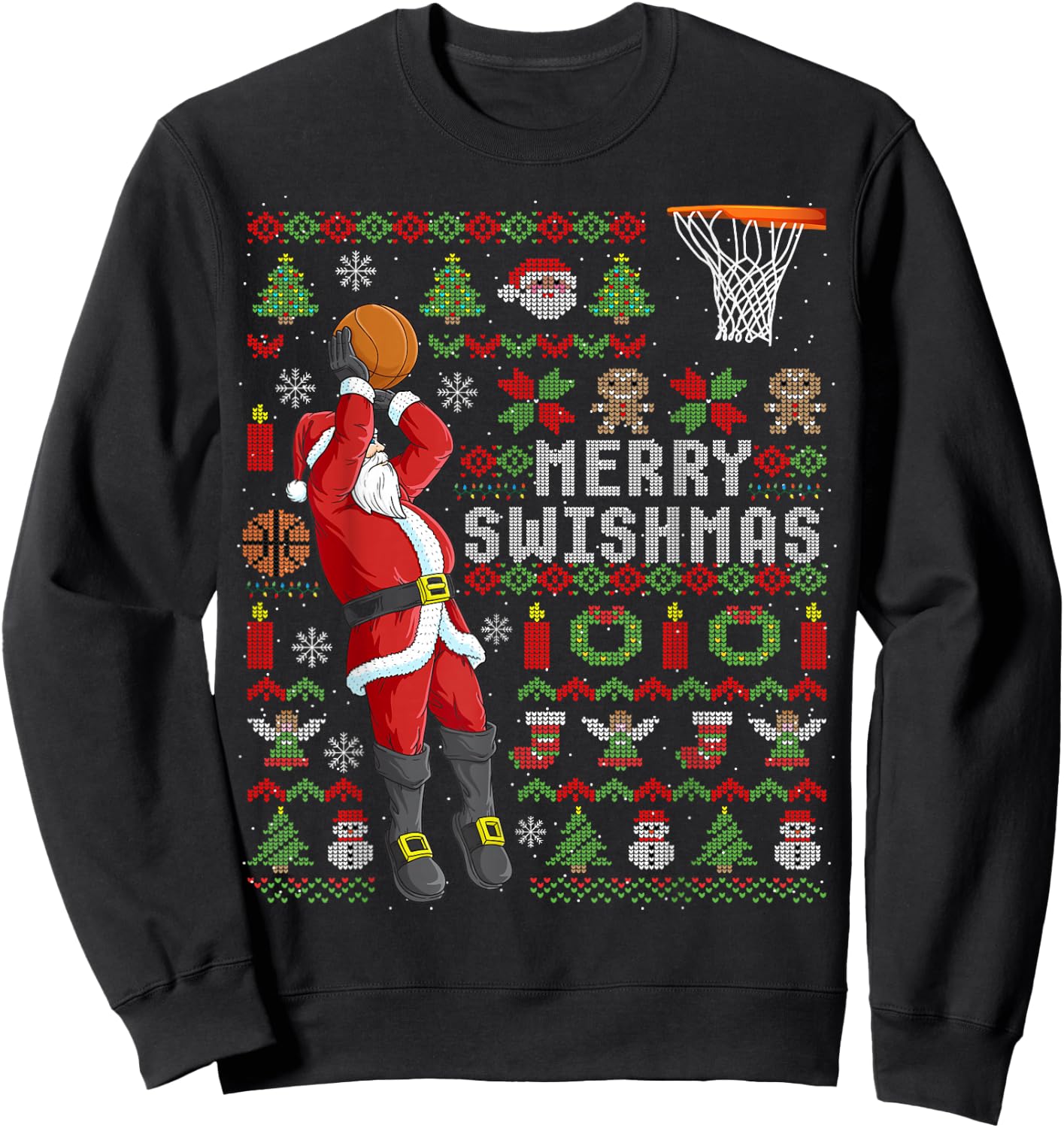 Merry Swishmas Ugly Christmas Basketball Christmas Sweatshirt - Sweatshirt | Black