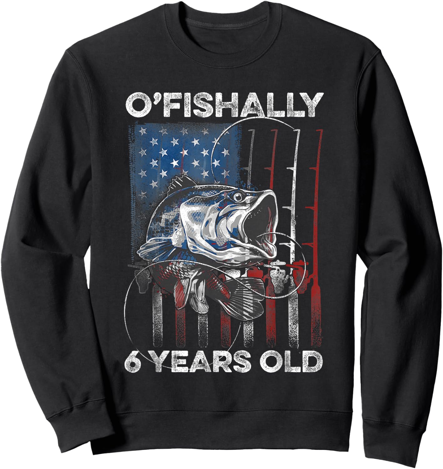 Ofishally 6 Year Old Shirt 6th Birthday Fishing US Flag Sweatshirt - Sweatshirt | Black