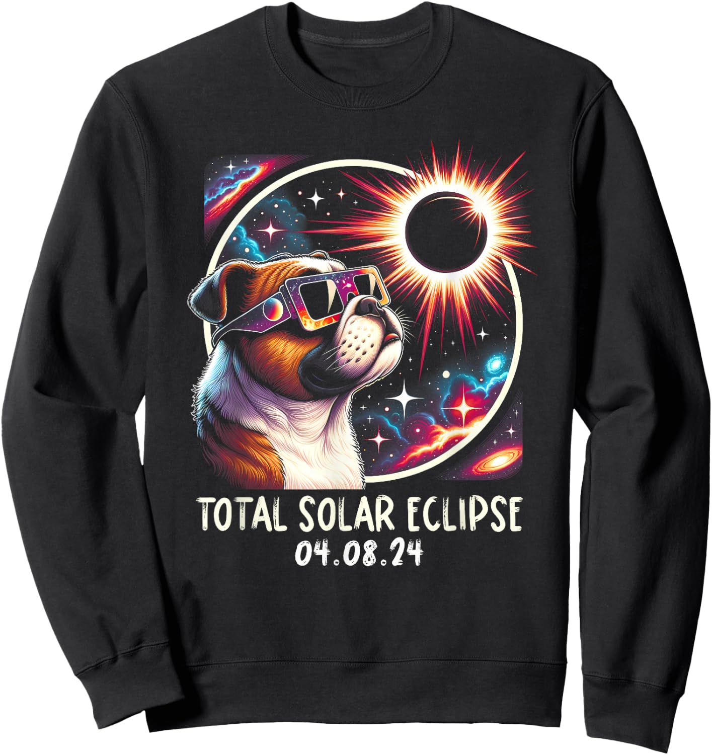 Solar Eclipse Bulldog Wearing Glasses Pet April 8 2024 Women Kids Sweatshirt - Sweatshirt | Black