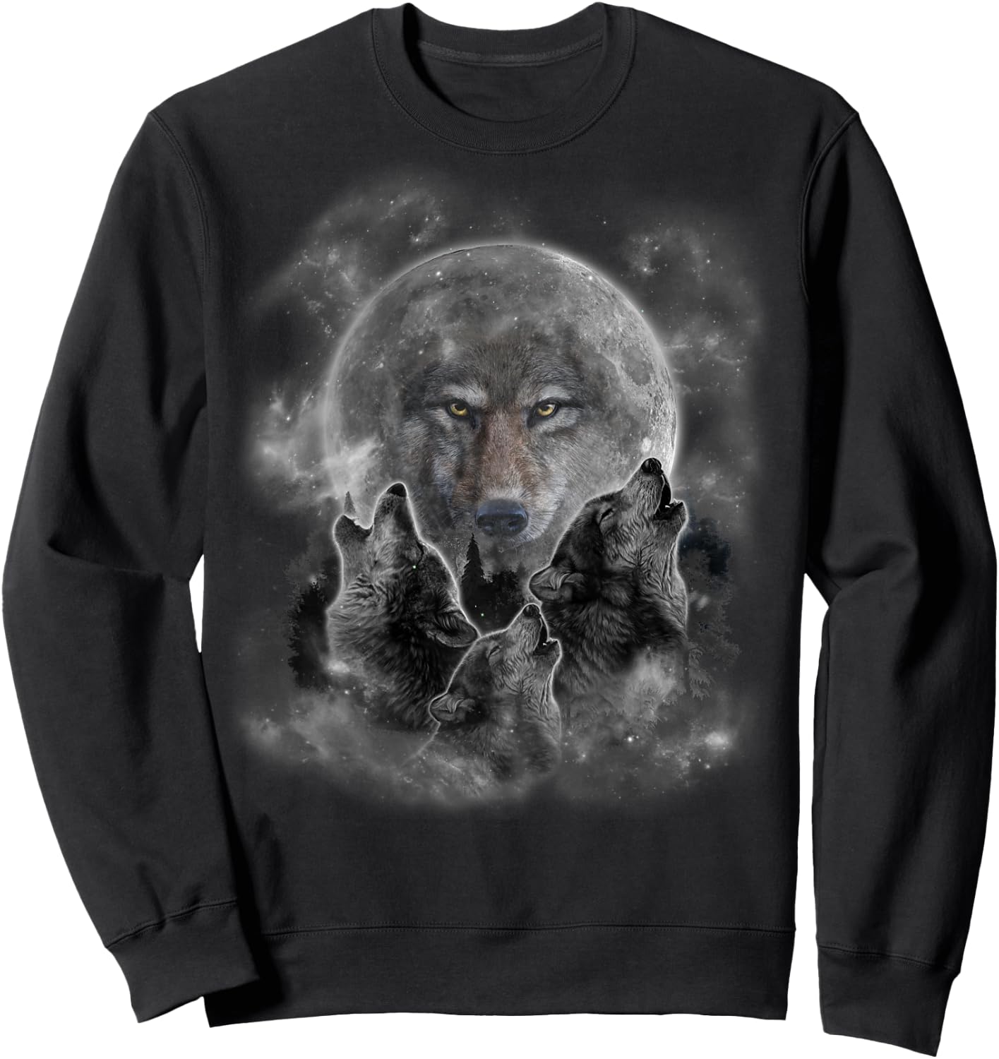 Grey Wolf Hunting Ground, Icy Moon, Forest, Galaxy Sweatshirt - Sweatshirt | Black