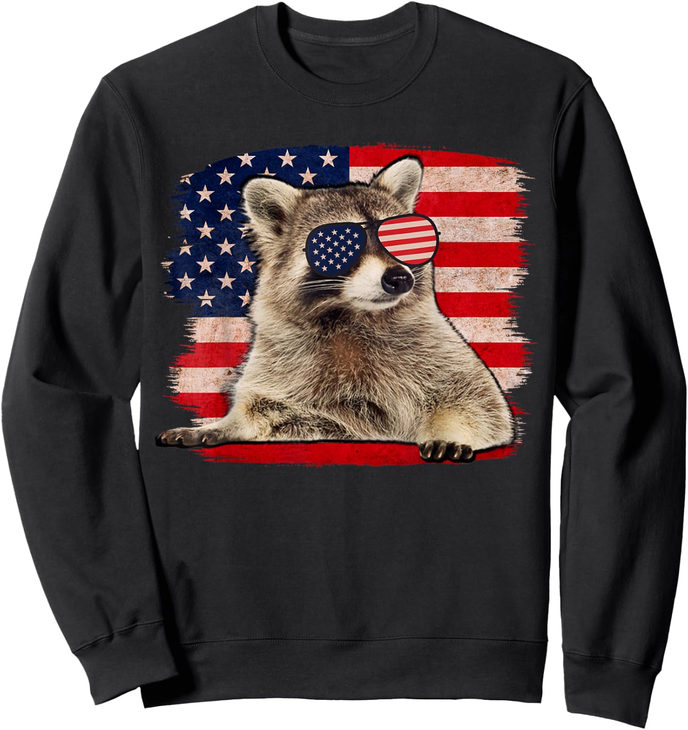 Raccoon 4th Of July American Flag Sunglasses Funny Raccoon Sweatshirt - Sweatshirt | Black