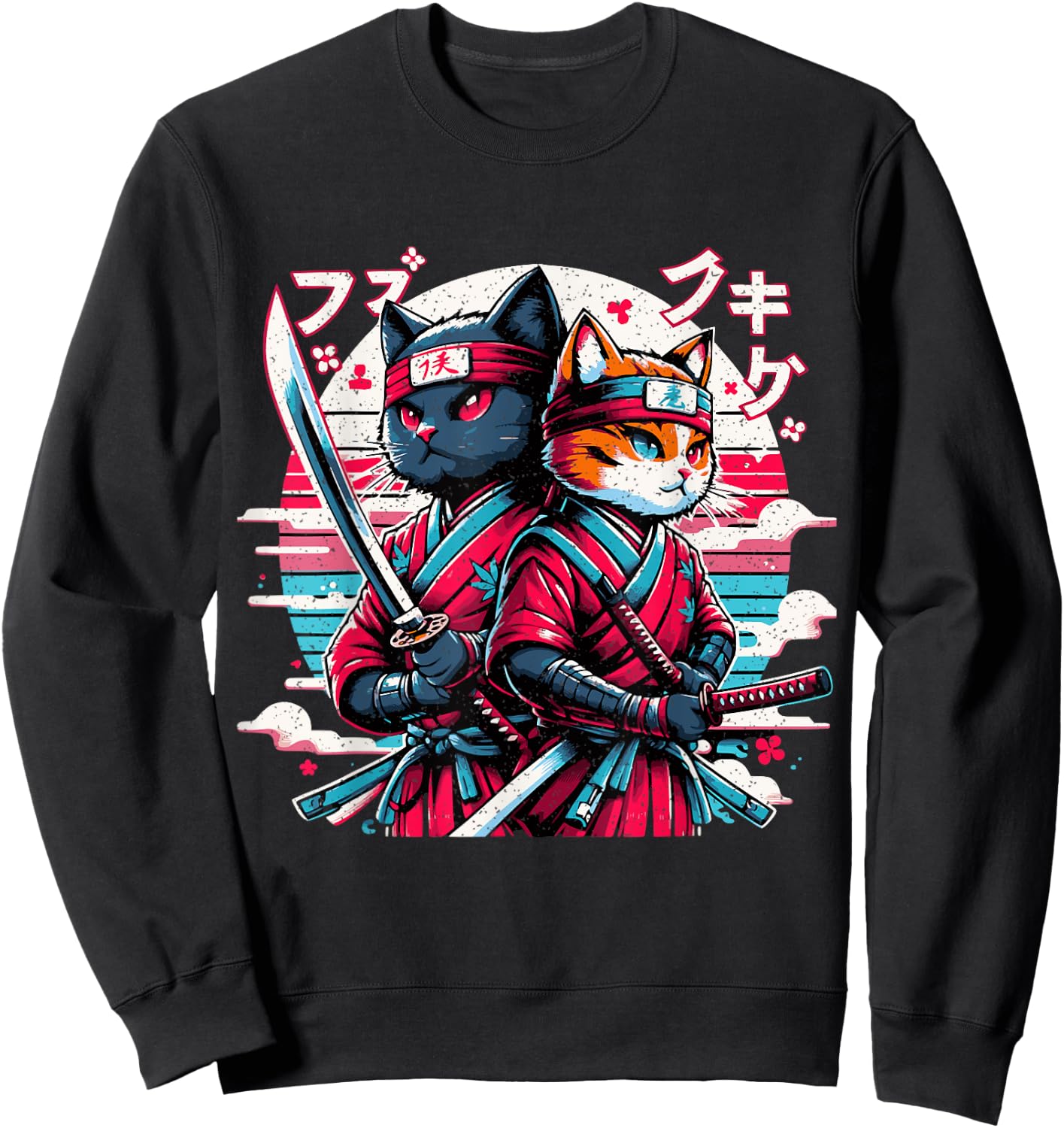 Cute Ninja Cat Couple Japanese Anime Samurai Katana Cats Women Girls Kids Sweatshirt - Sweatshirt | Black