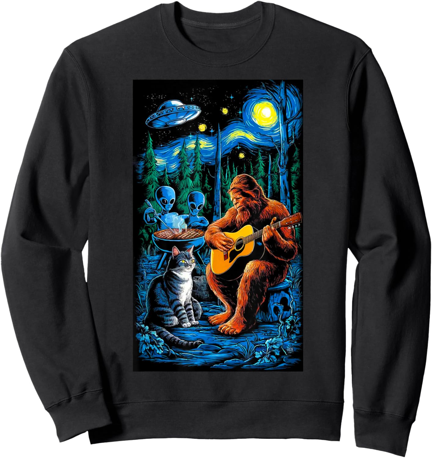 Funny Cat UFO Alien Bigfoot Sasquatch Camping Playing Guitar Sweatshirt - Sweatshirt | Black