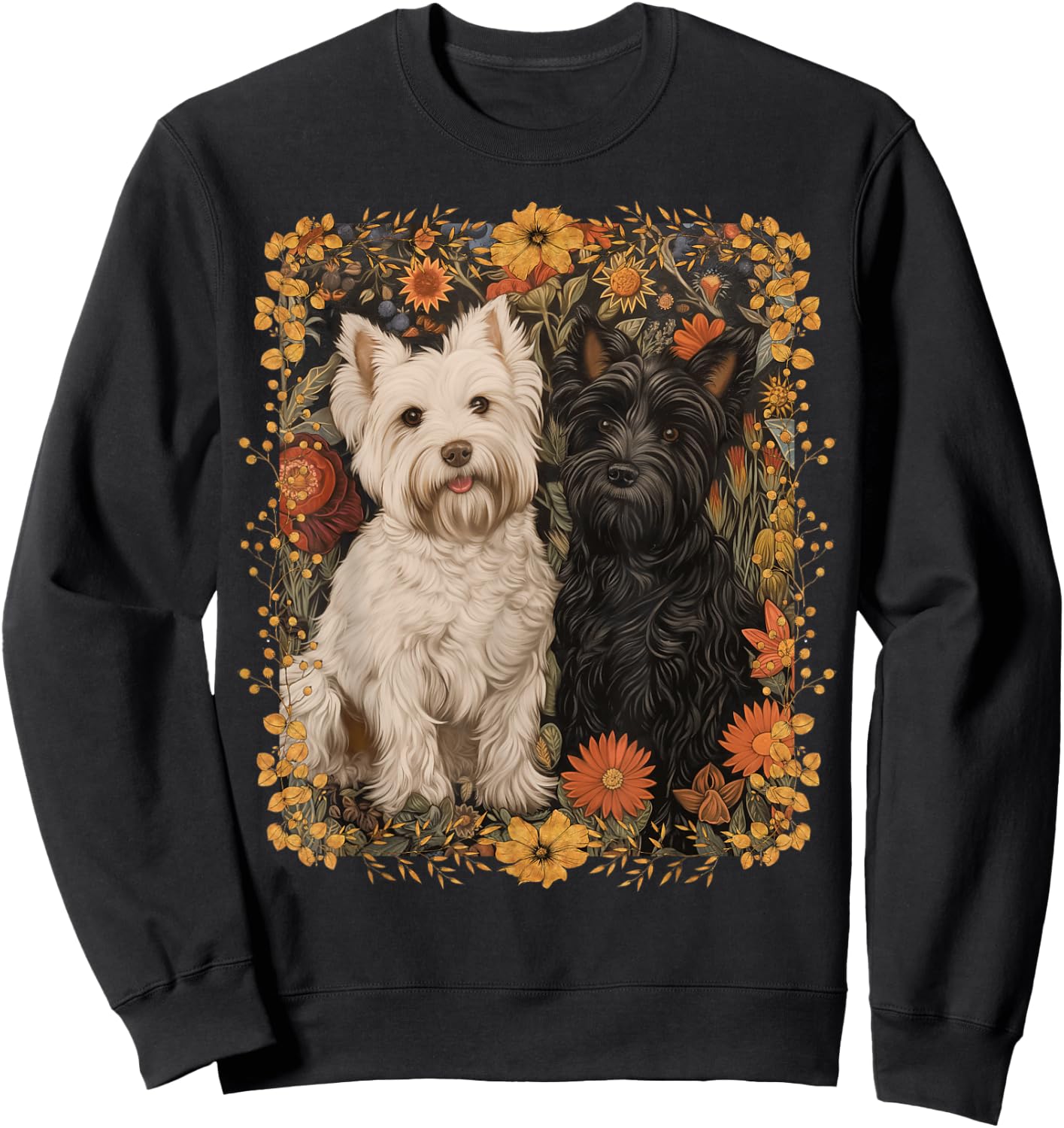 Westie and Scottie in William Morris Style Garden Sweatshirt - Sweatshirt | Black