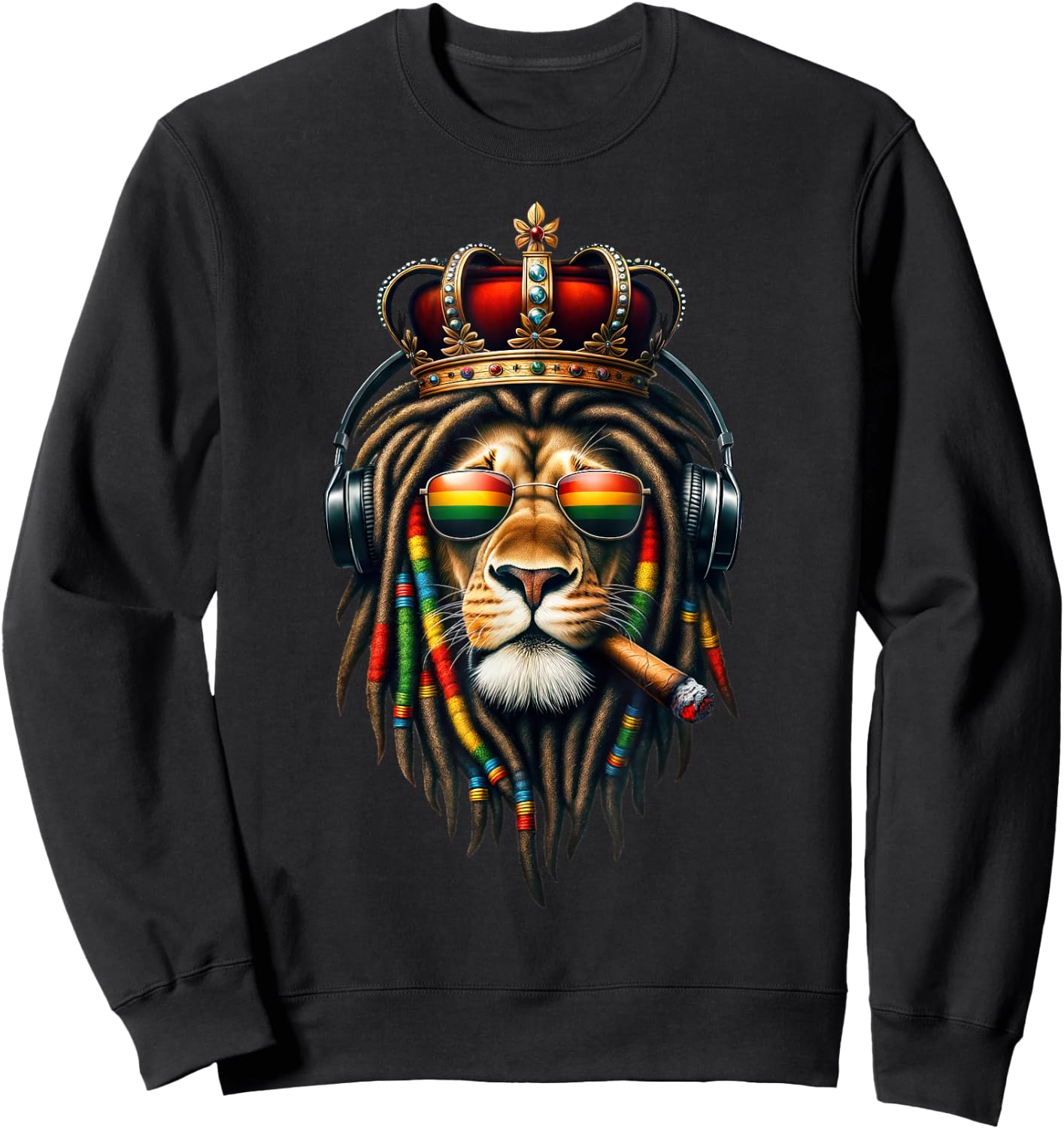 King Rasta Reggae Rastafarian Music Headphones Lion of Judah Sweatshirt - Sweatshirt | Black