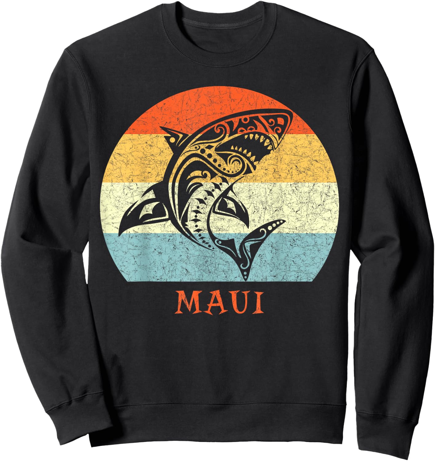 Maui, Hawaii Vintage Shark Retro Throwback Vacation Sweatshirt - Sweatshirt | Black