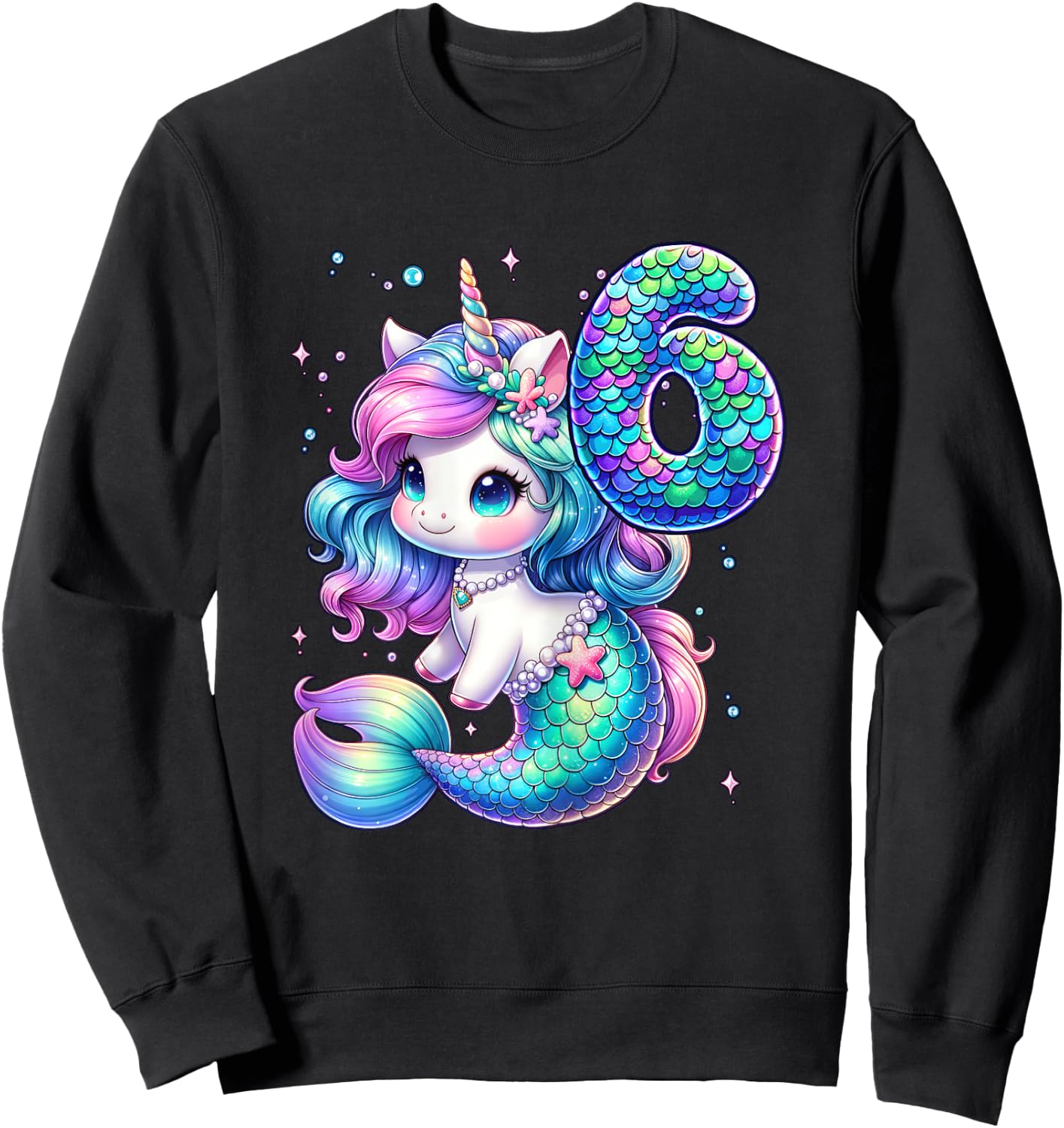 Unicorn Mermaid 6th Birthday 6 Year Old Party Girls Outfit Sweatshirt - Sweatshirt | Black