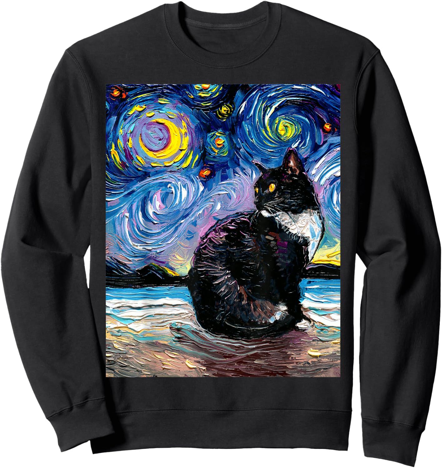 Tuxedo Cat on Beach Starry Night Impressionist Kitty Artwork Sweatshirt - Sweatshirt | Black