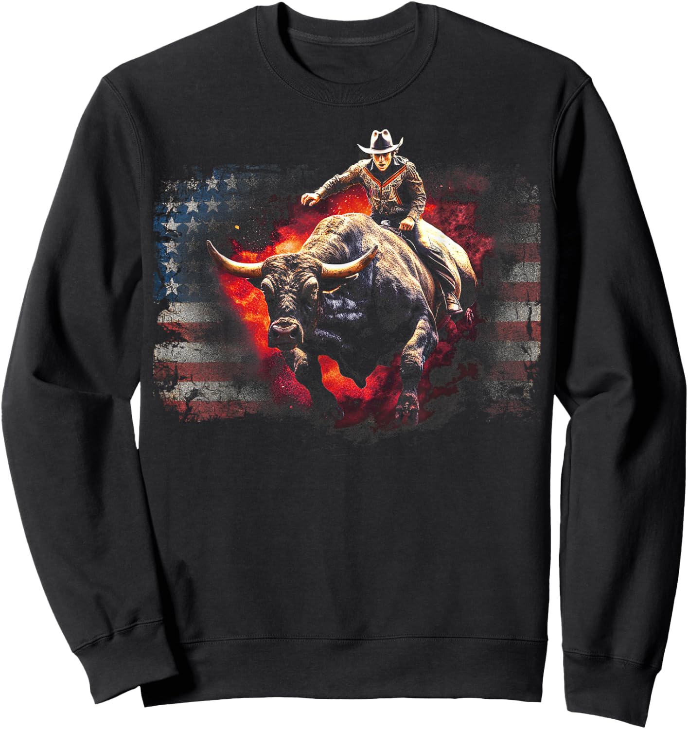 Vintage American Flag Bucking Bull Riding Patriotism Rodeo Men Sweatshirt - Sweatshirt | Black