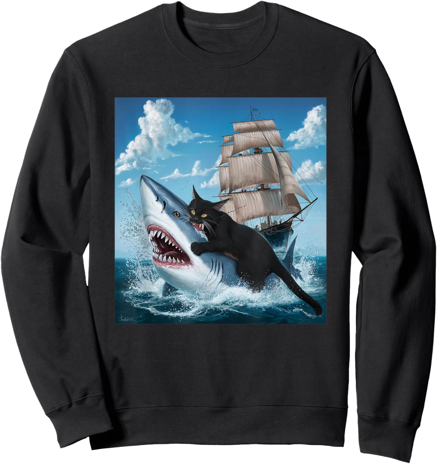 Cat Biting Shark Humorous Playful Funny Black Cat Bit Shark Women Kids Sweatshirt - Sweatshirt | Black