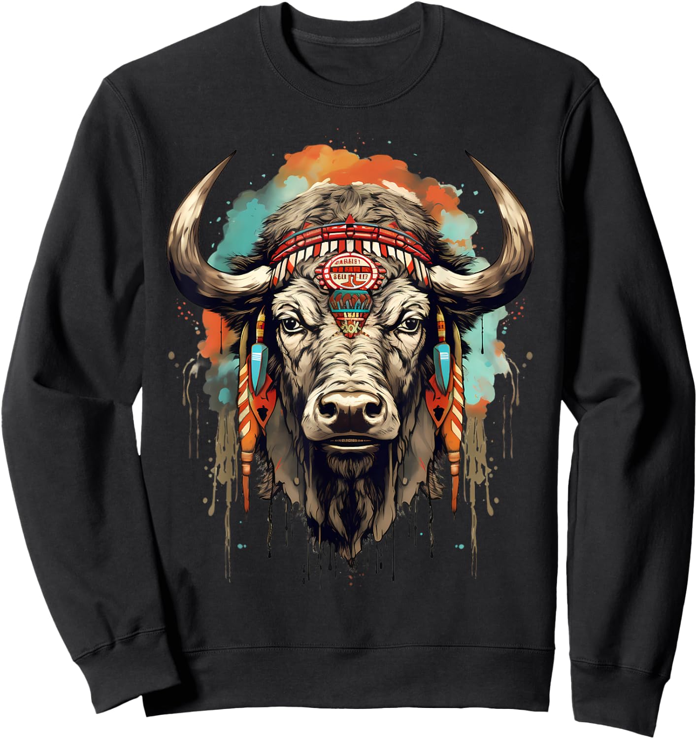 Buffalo Indian Artwork Wildlife Safari Nature Bison Portrait Sweatshirt - Sweatshirt | Black
