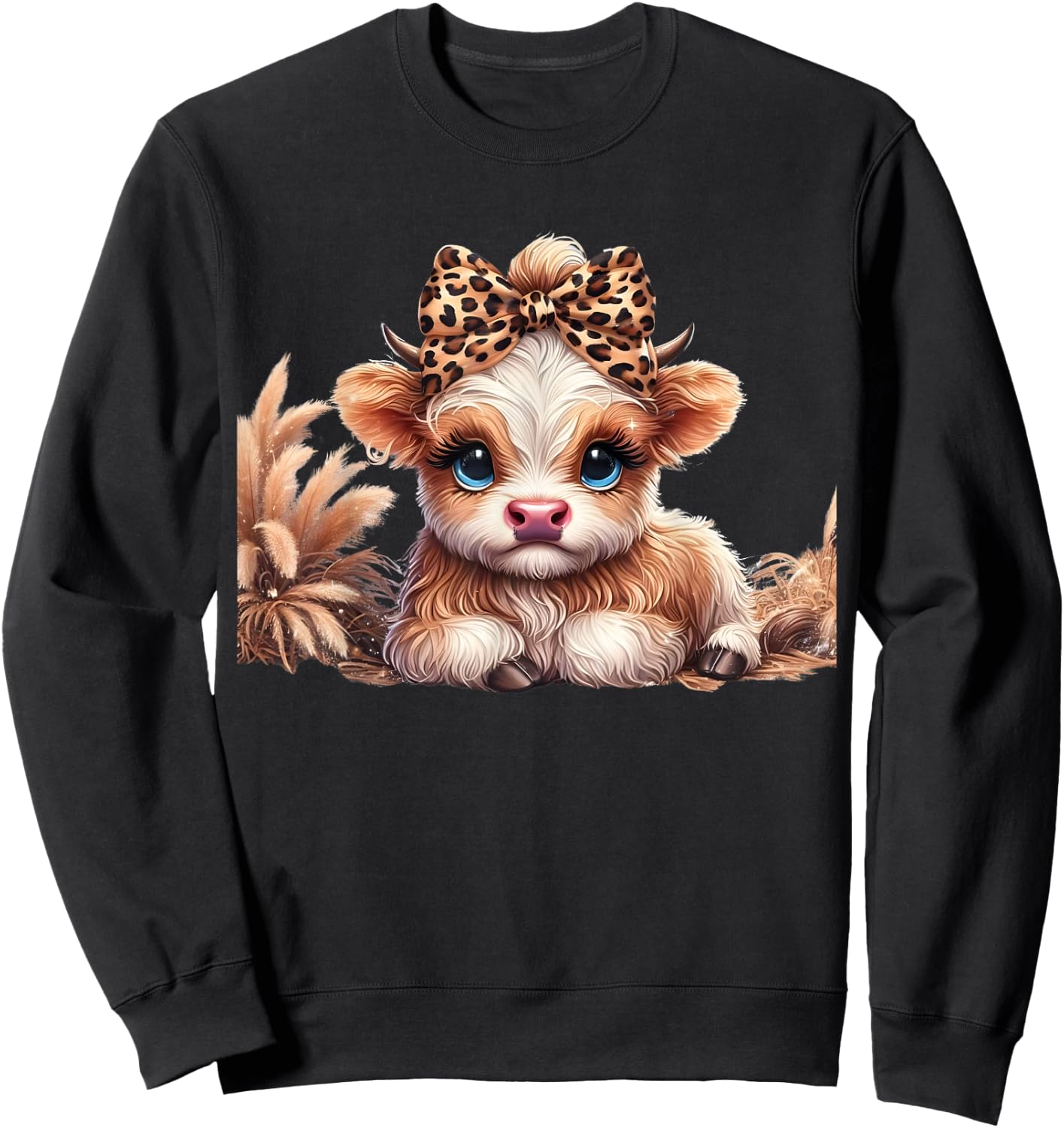 Cute Baby Highland Cow With flowers Calf Animal Leopard Sweatshirt - Sweatshirt | Black