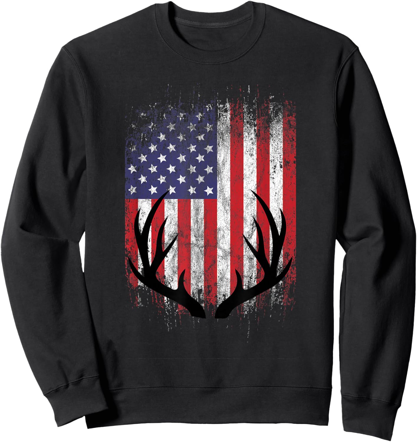 Deer Hunting American Flag Whitetail Buck Antlers Short Sleeve Sweatshirt - Sweatshirt | Black
