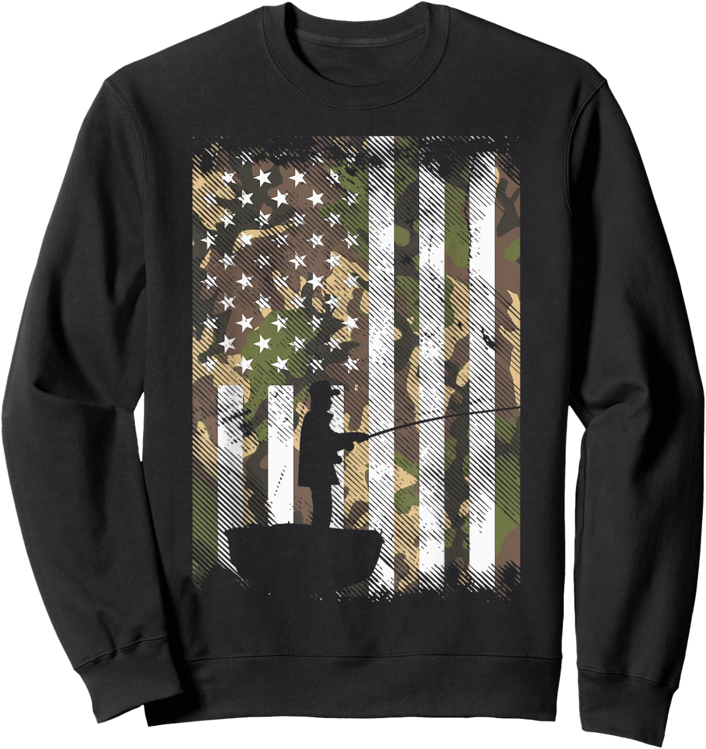 BoredKoalas Camo US Flag Fisherman Vintage Fishing Patriotic Angler Gift - Adult, Black, Small, Short Sleeve, Classic Fit Sweatshirt - Sweatshirt | Black