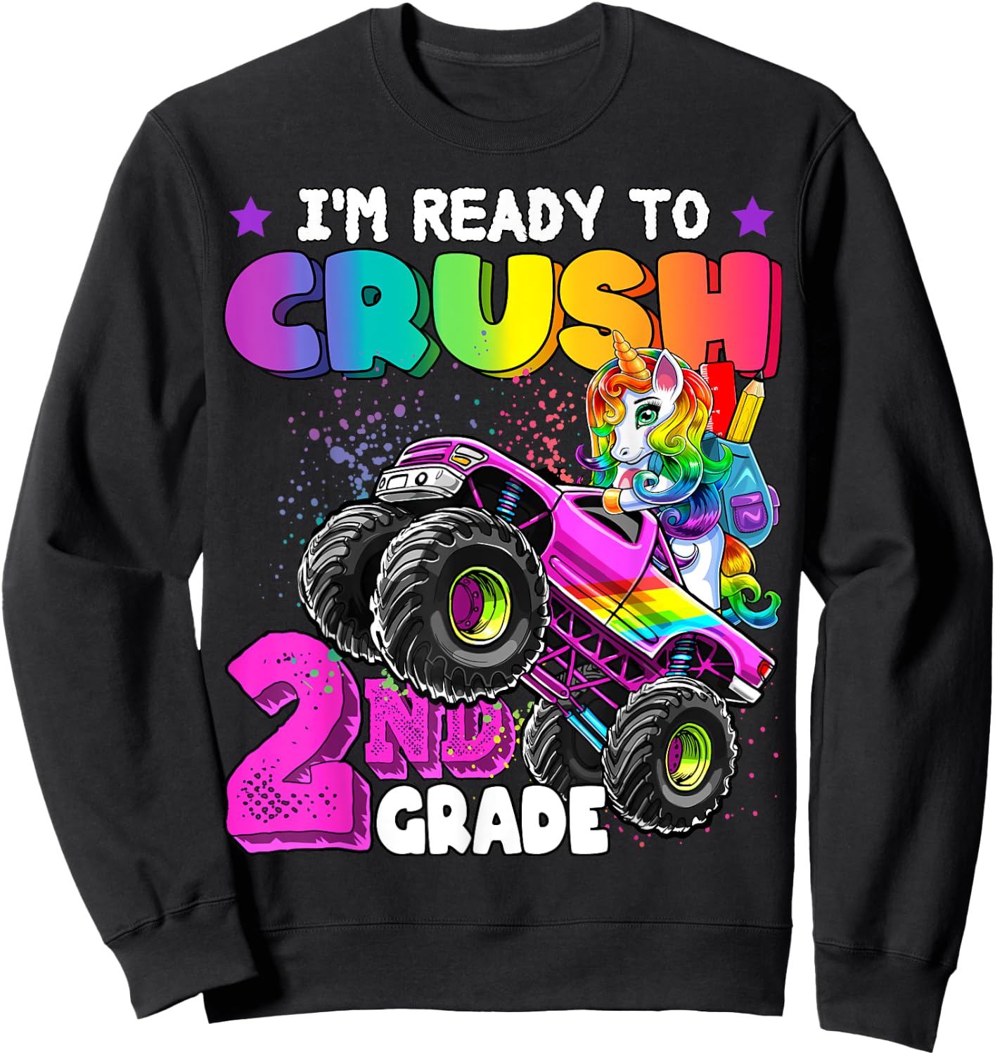 2nd Grade Unicorn Monster Truck Back to School Gift Girls Sweatshirt - Sweatshirt | Black