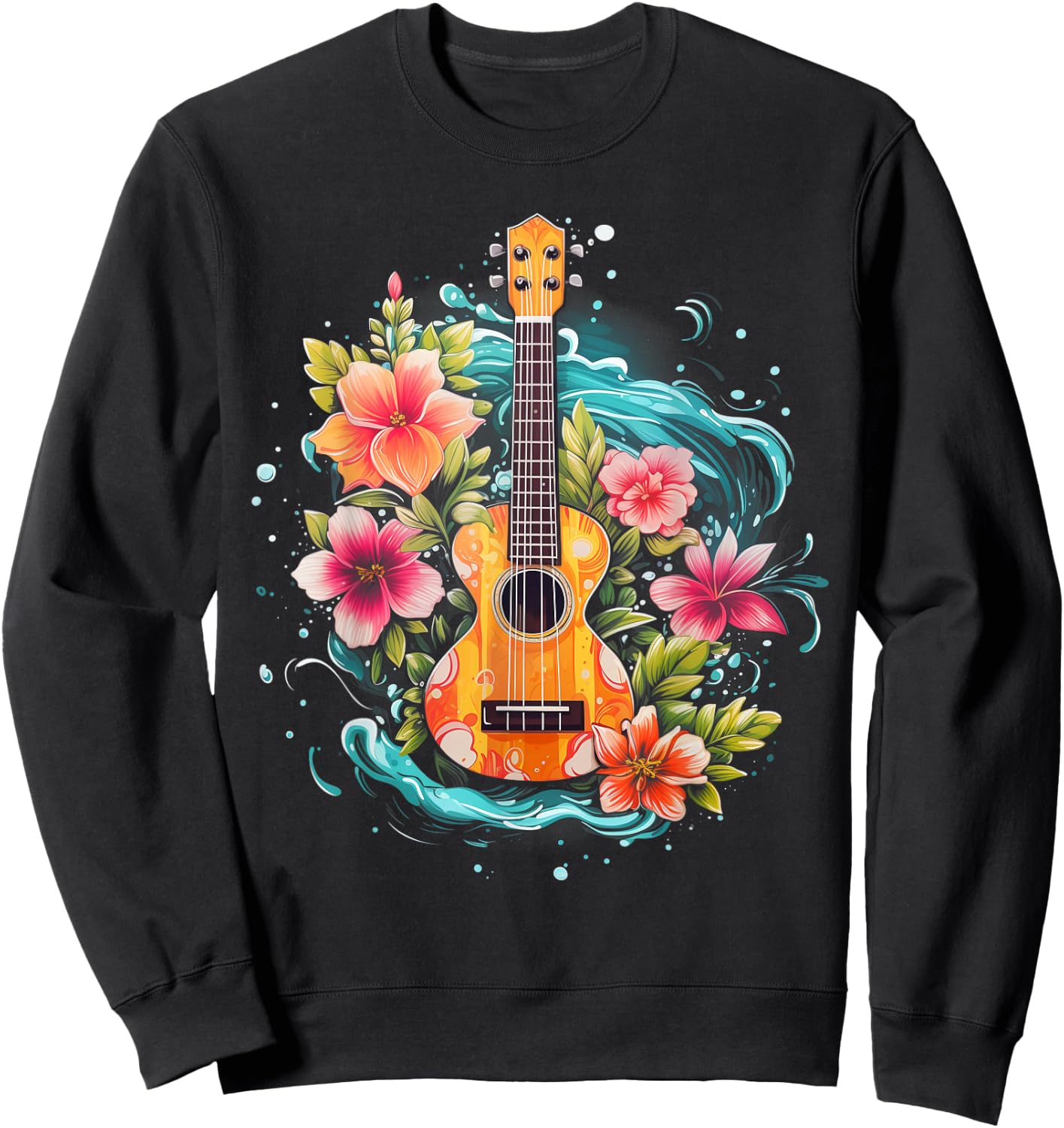 Ukulele Hawaiian Hibiscus Flowers Guitar Hawaii Surfer Uke Sweatshirt - Sweatshirt | Black