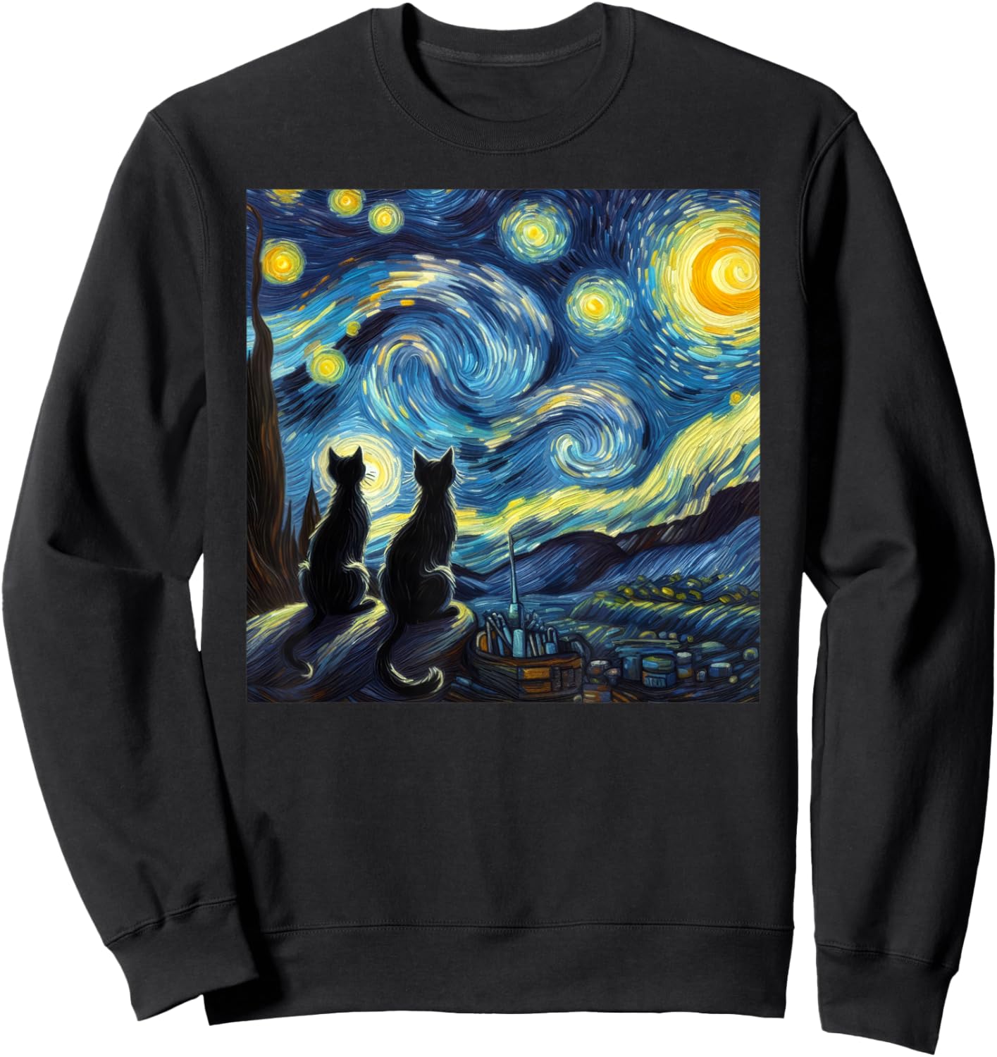 Black Cats Lover Starry Night Van Gogh Sweatshirt - Sweatshirt | Black