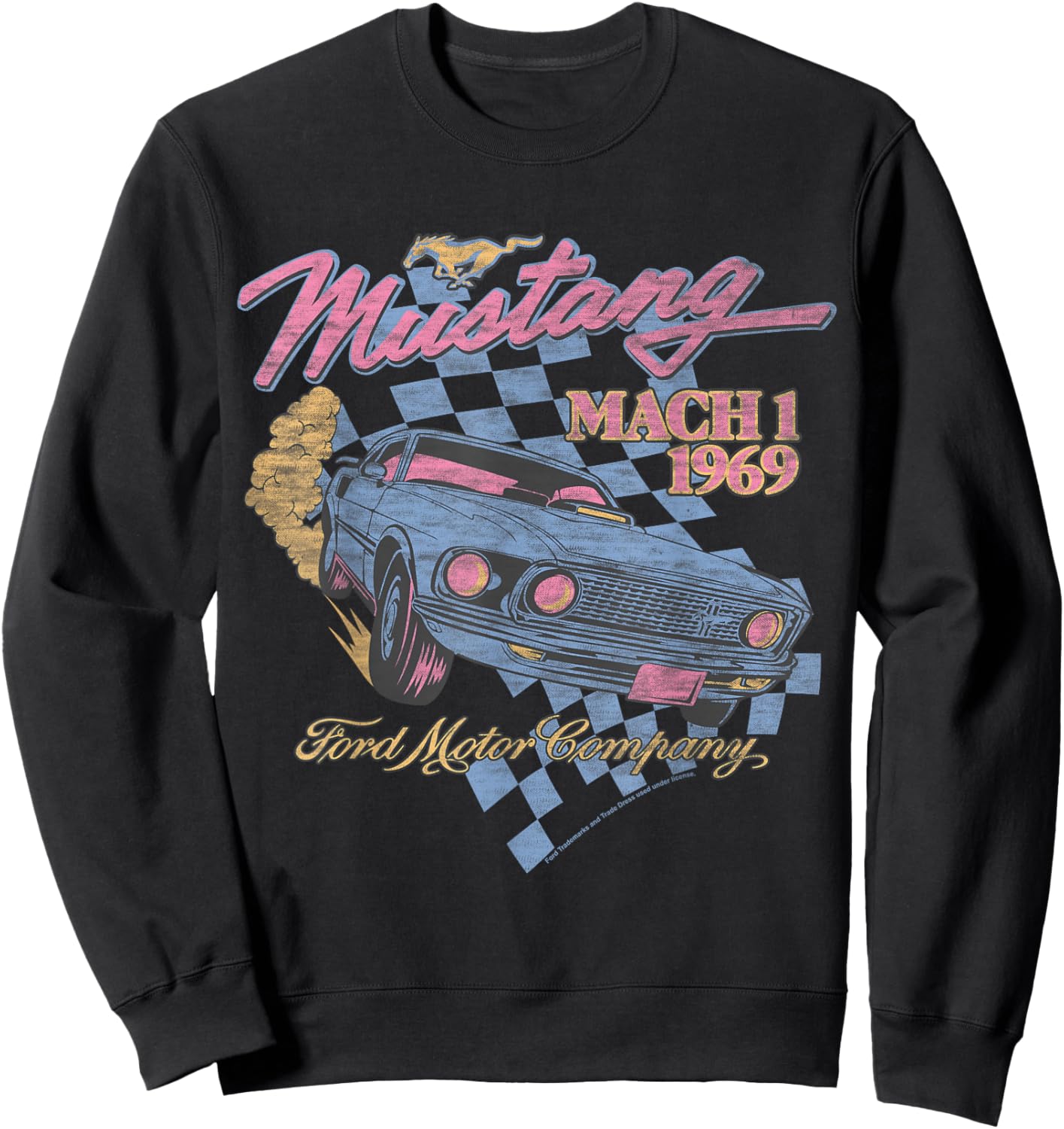 Ford - Blue Mustang Mach 1 1969 Checkered Background Sweatshirt - Sweatshirt | Black