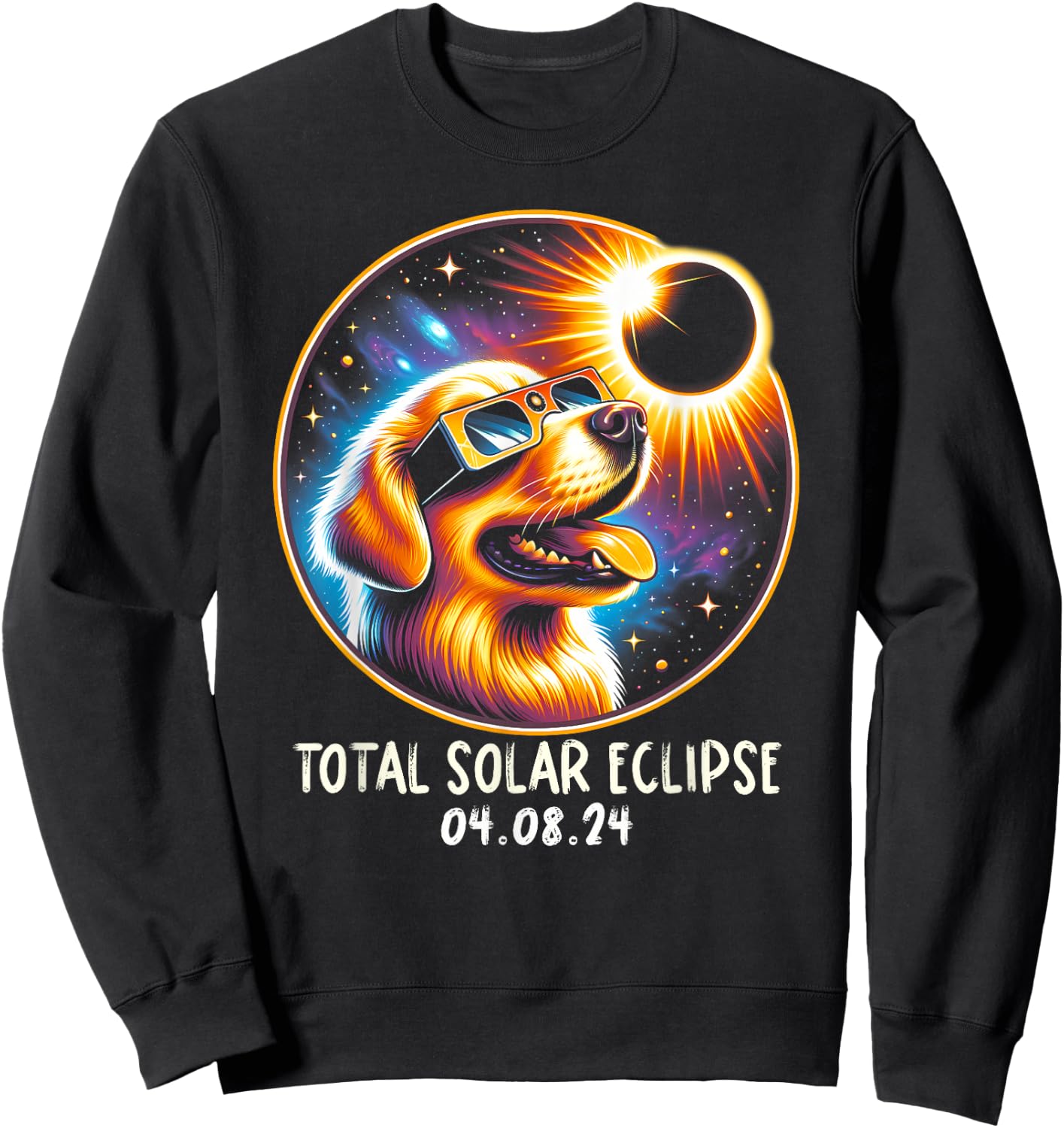 Solar Eclipse Golden Retriever Wearing Glasses April 8 2024 Sweatshirt - Sweatshirt | Black