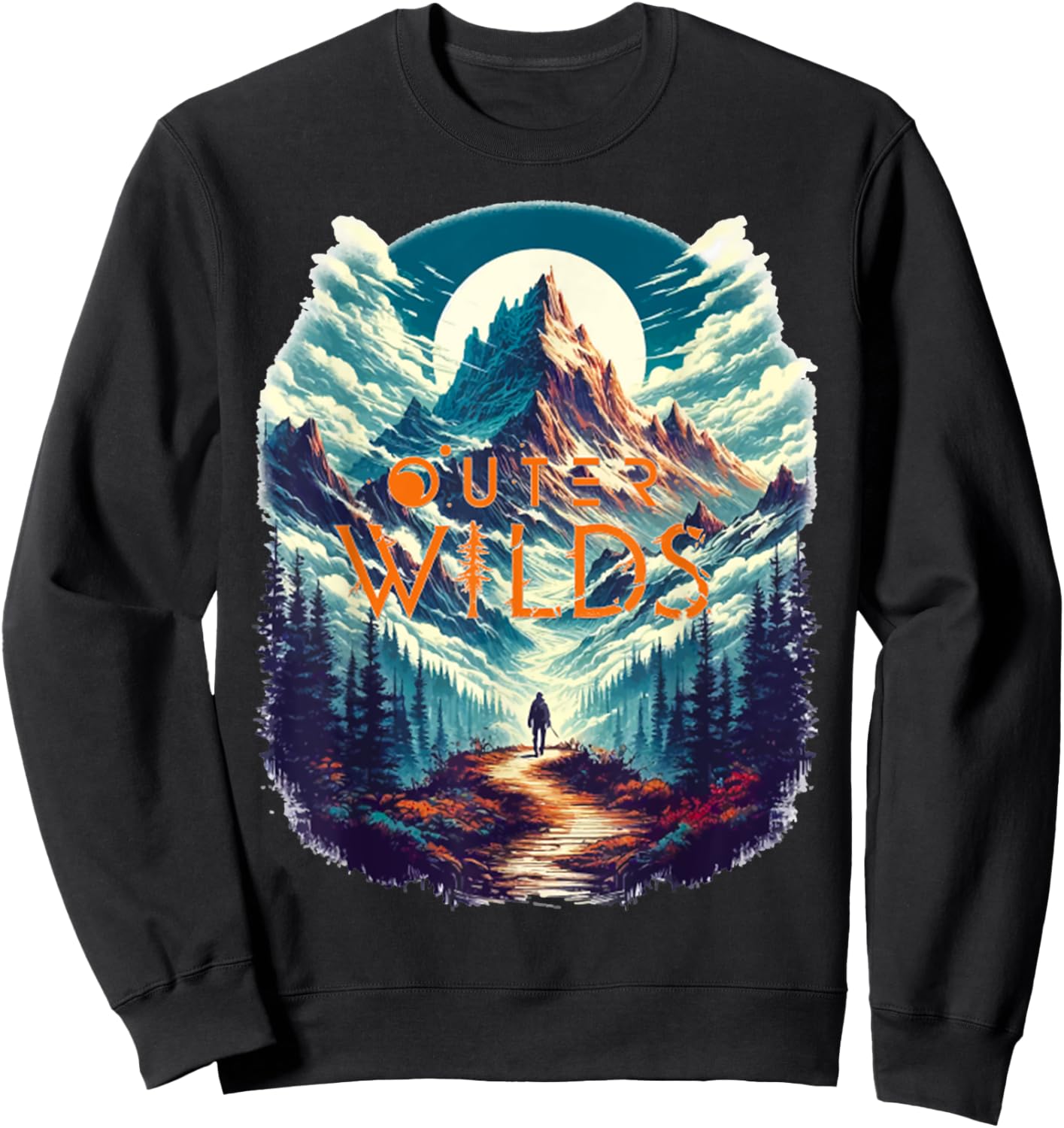 Retro Outer Wilds Text Moon Mountain Forest Tree House Sun Sweatshirt - Sweatshirt | Black