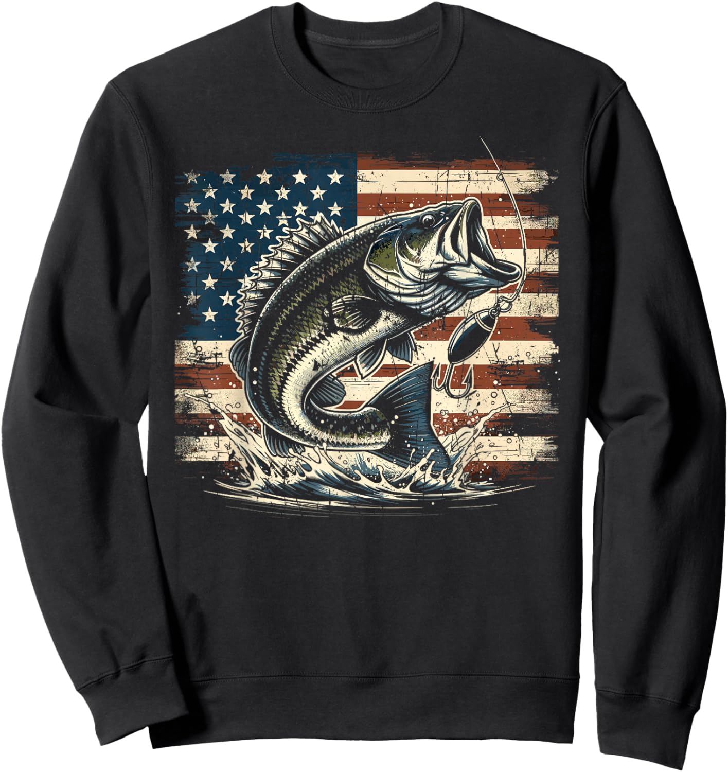 Fishing US American Flag Bass Fish Fisherman Sweatshirt - Sweatshirt | Black