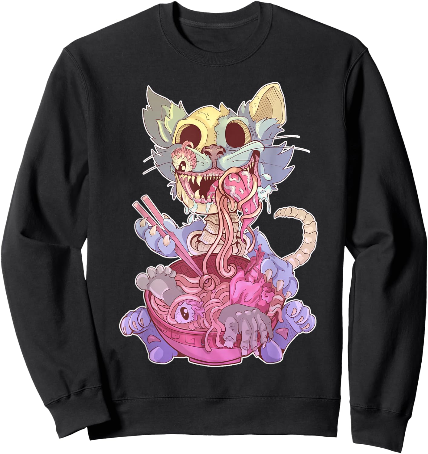 Ramen Shirt Pastel Goth Kawaii Weird Cat Eating Ramen Otaku Sweatshirt - Sweatshirt | Black