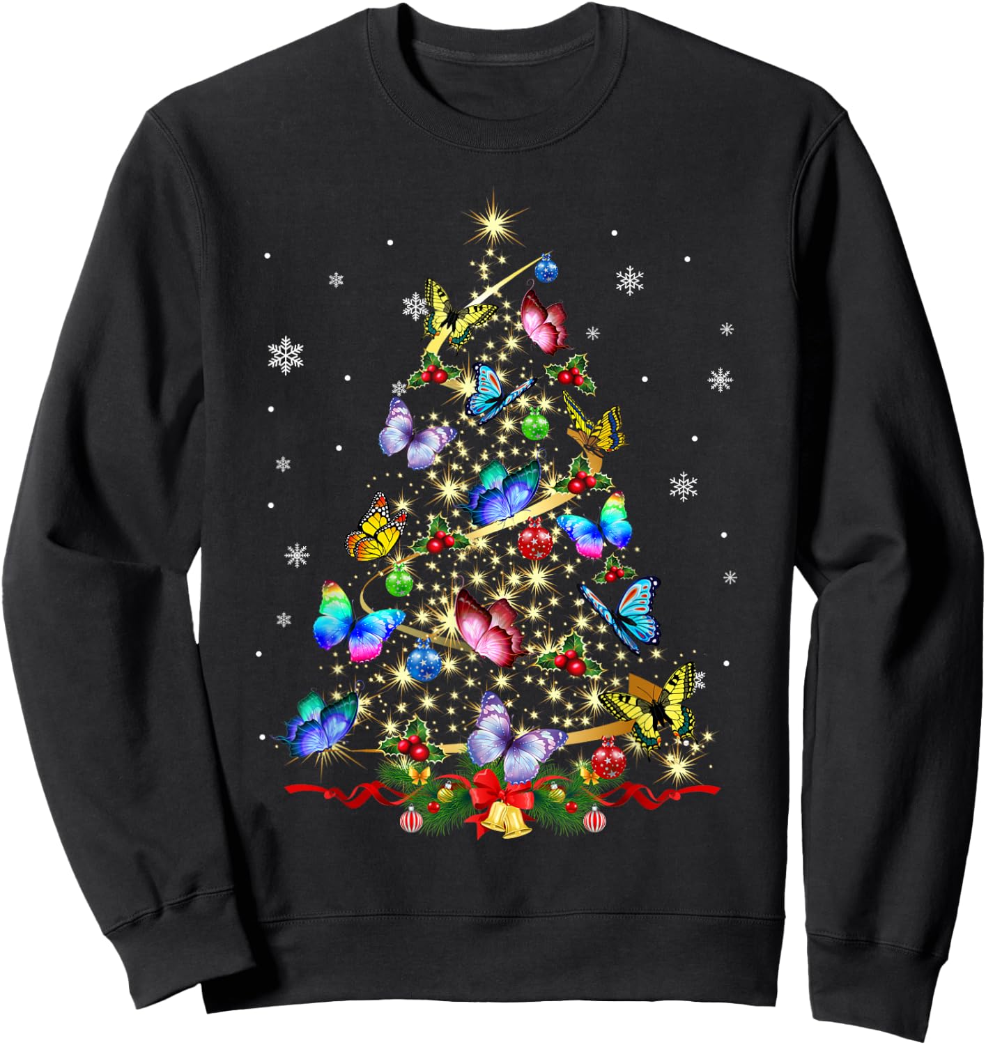 Butterfly Christmas Tree Lights Girl Xmas Cute Butterfly Sweatshirt - Sweatshirt | Black