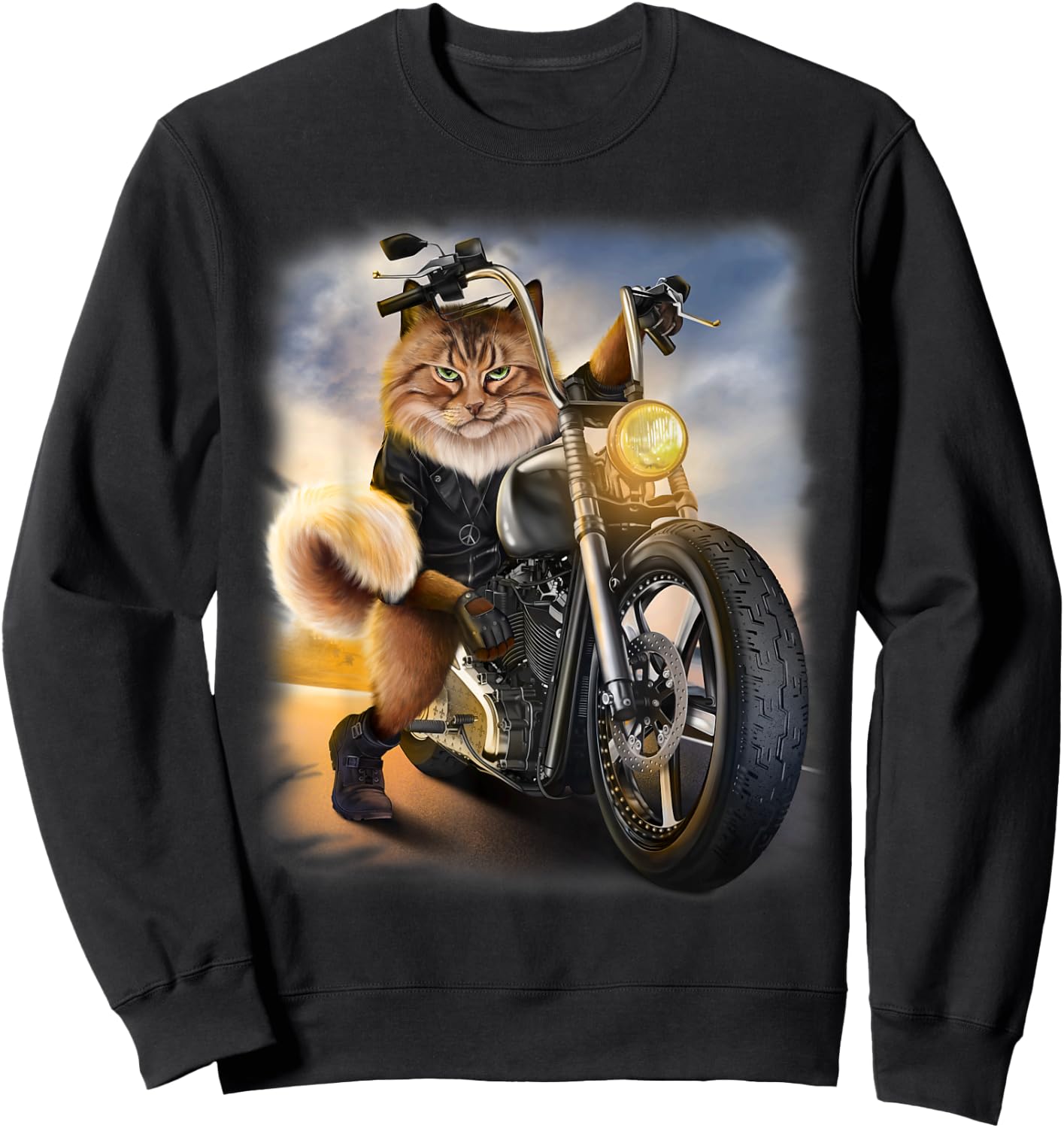 Biker Tabby Cat Riding Chopper Motorcycle Women Kids Sweatshirt - Sweatshirt | Black