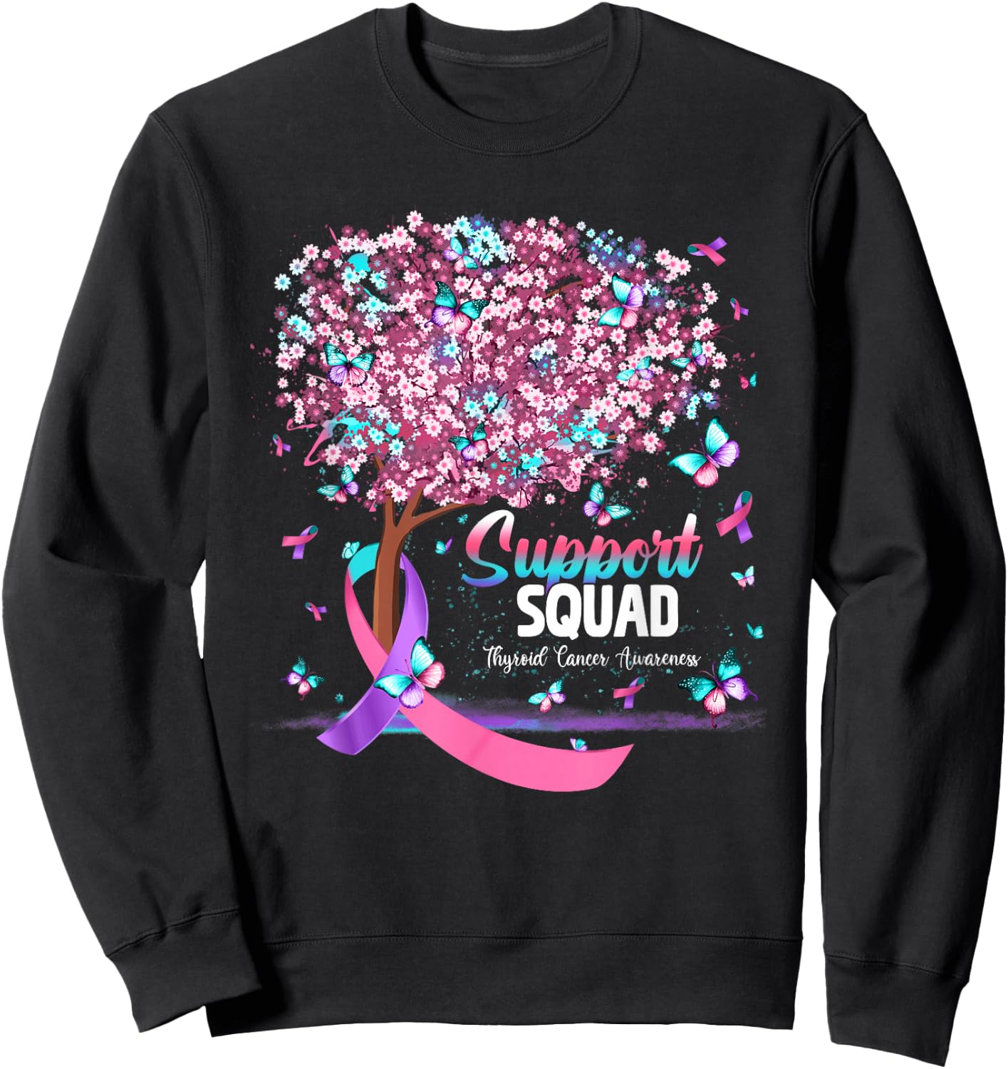 Support Squad Butterfly Purple Pink Ribbon Thyroid Cancer Sweatshirt - Sweatshirt | Black