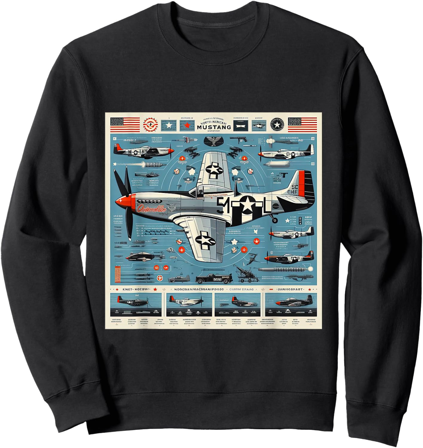 P51 Mustang WW2 Warplane Airplane Infographics Sweatshirt - Sweatshirt | Black