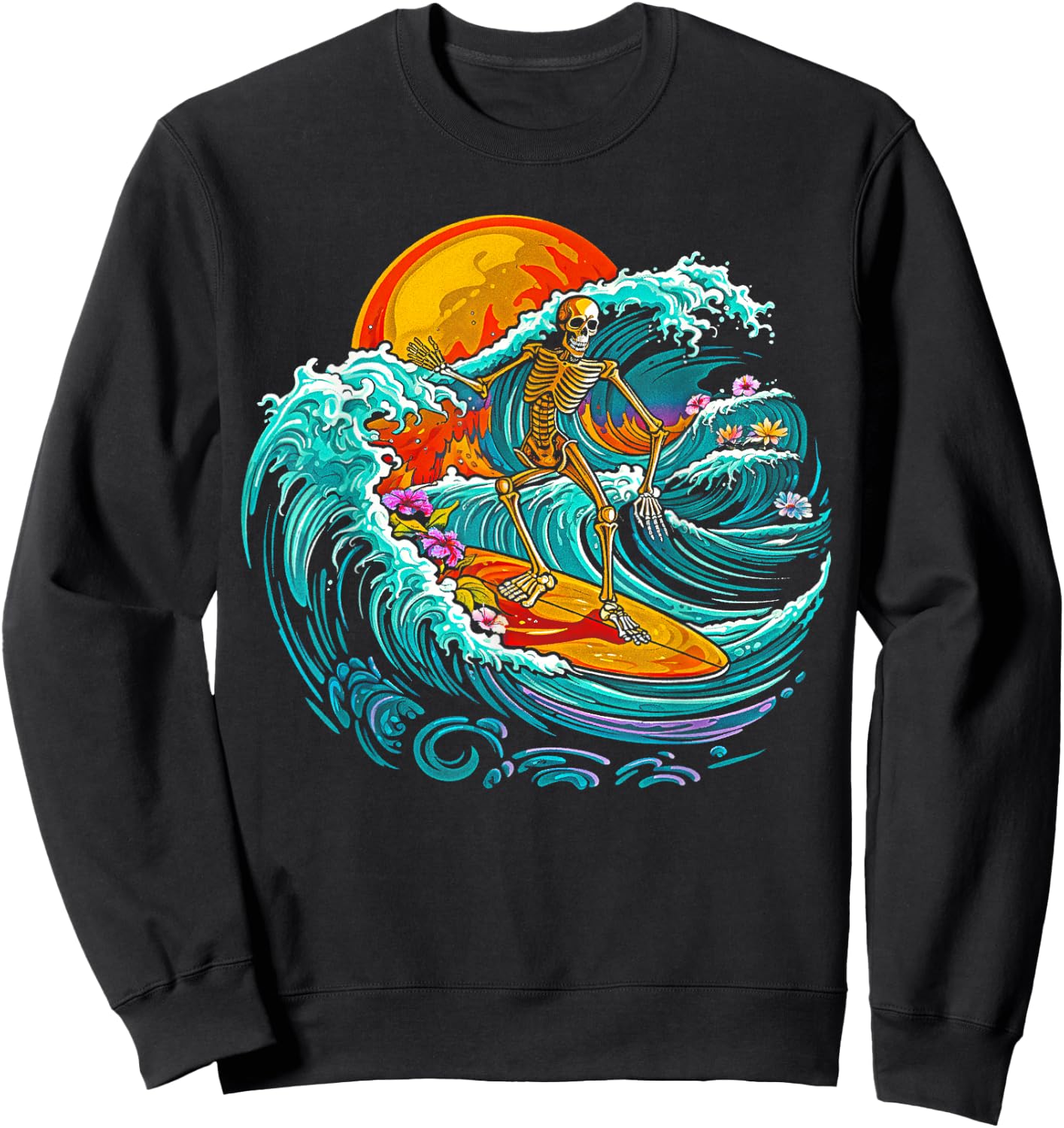 Skull Skeleton Surfer Wave Beach Vintage Funny 80s 80s Sweatshirt - Sweatshirt | Black
