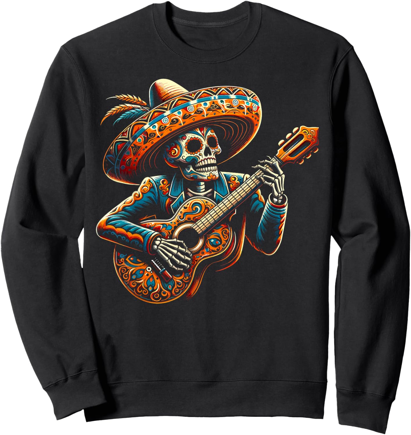 Funny Cinco De Mayo Skeleton Skull Fiesta Sombreros Guitar Sweatshirt - Sweatshirt | Black