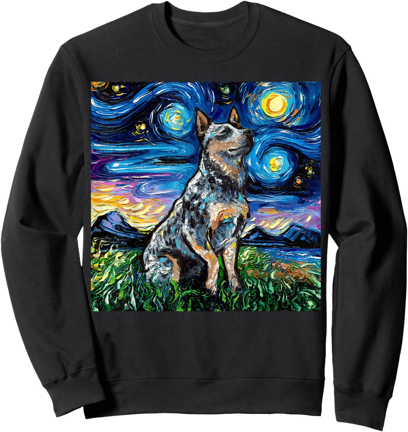 Blue Heeler Starry Night Australian Cattle Dog Art by Aja Sweatshirt - Sweatshirt | Black