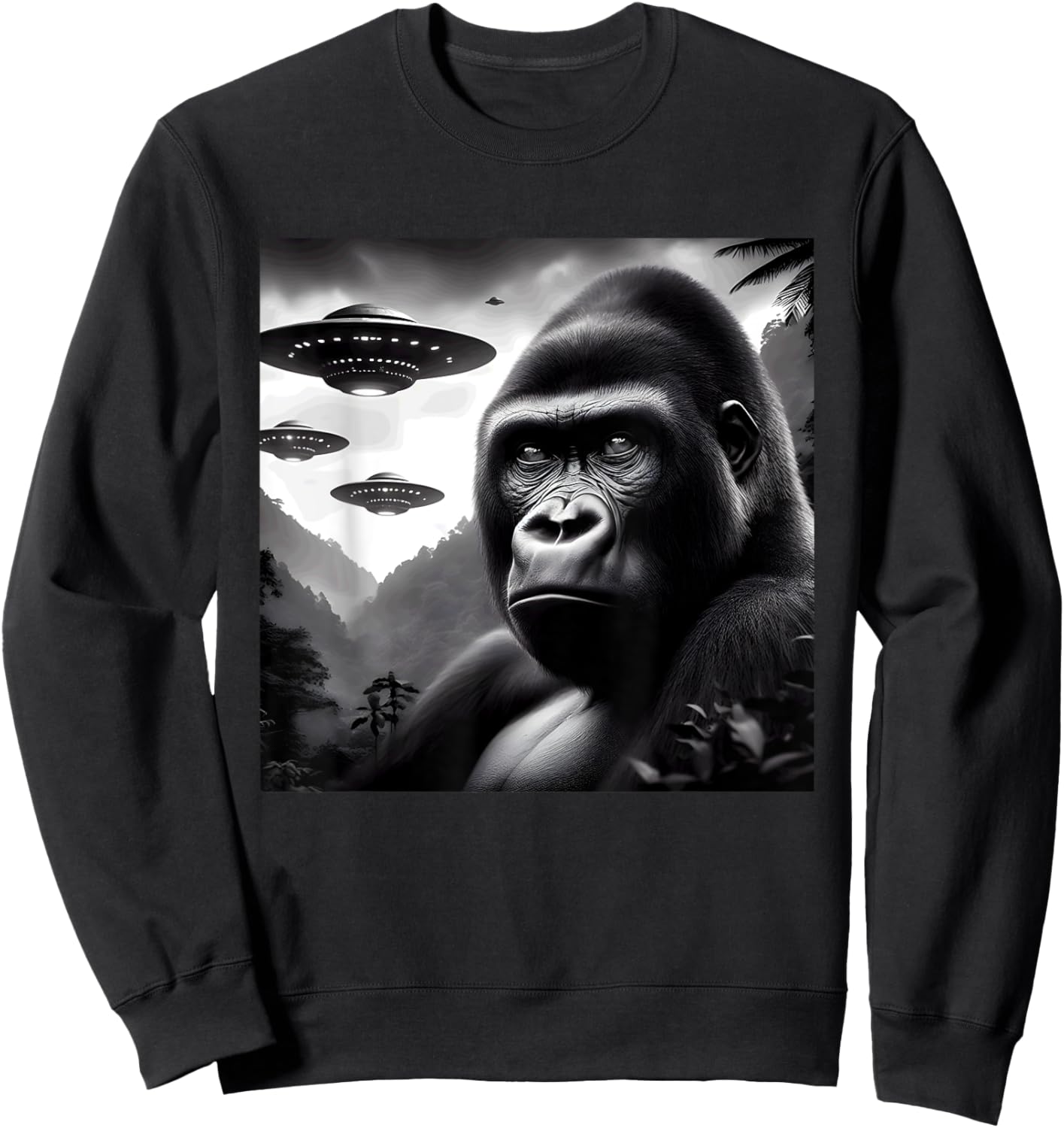 Gorilla Monkey Funny Graphic Selfie with UFOs Weird Aliens Sweatshirt - Sweatshirt | Black