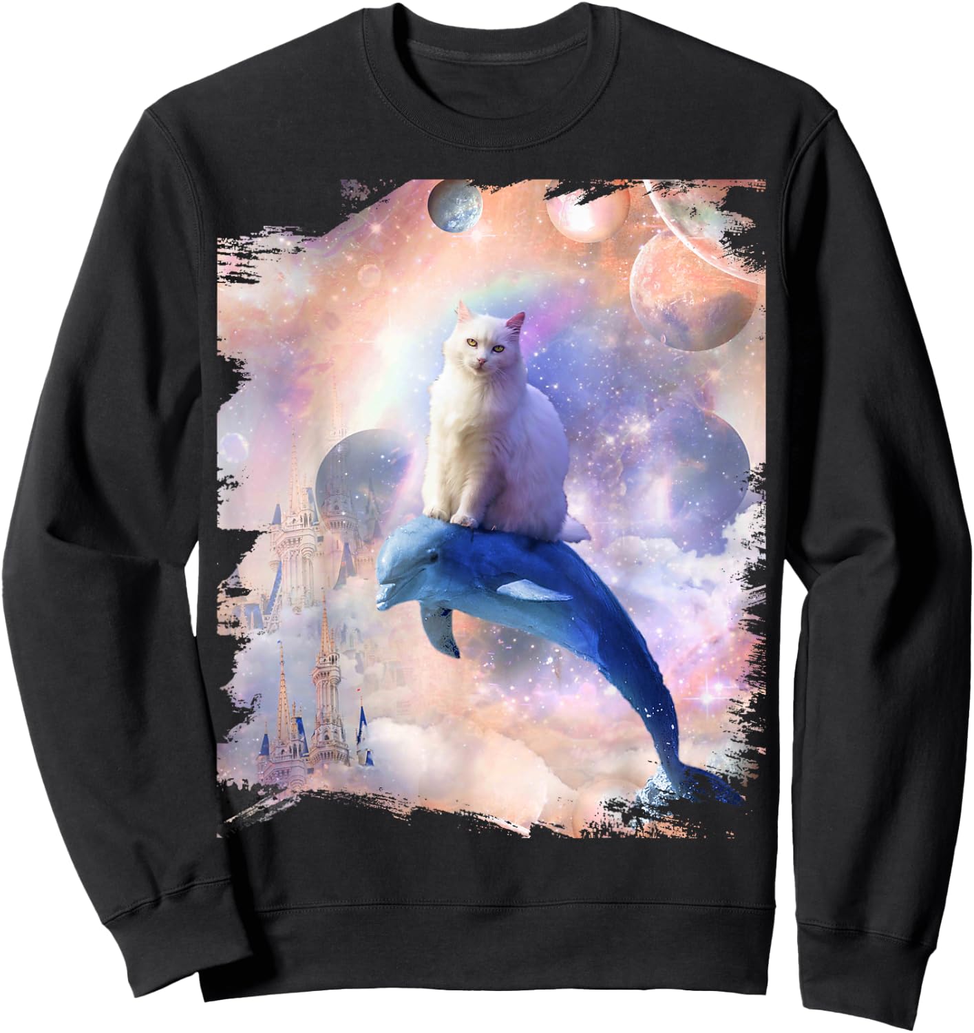 Space Cat Riding Dolphin Men Women Kids Sweatshirt - Sweatshirt | Black