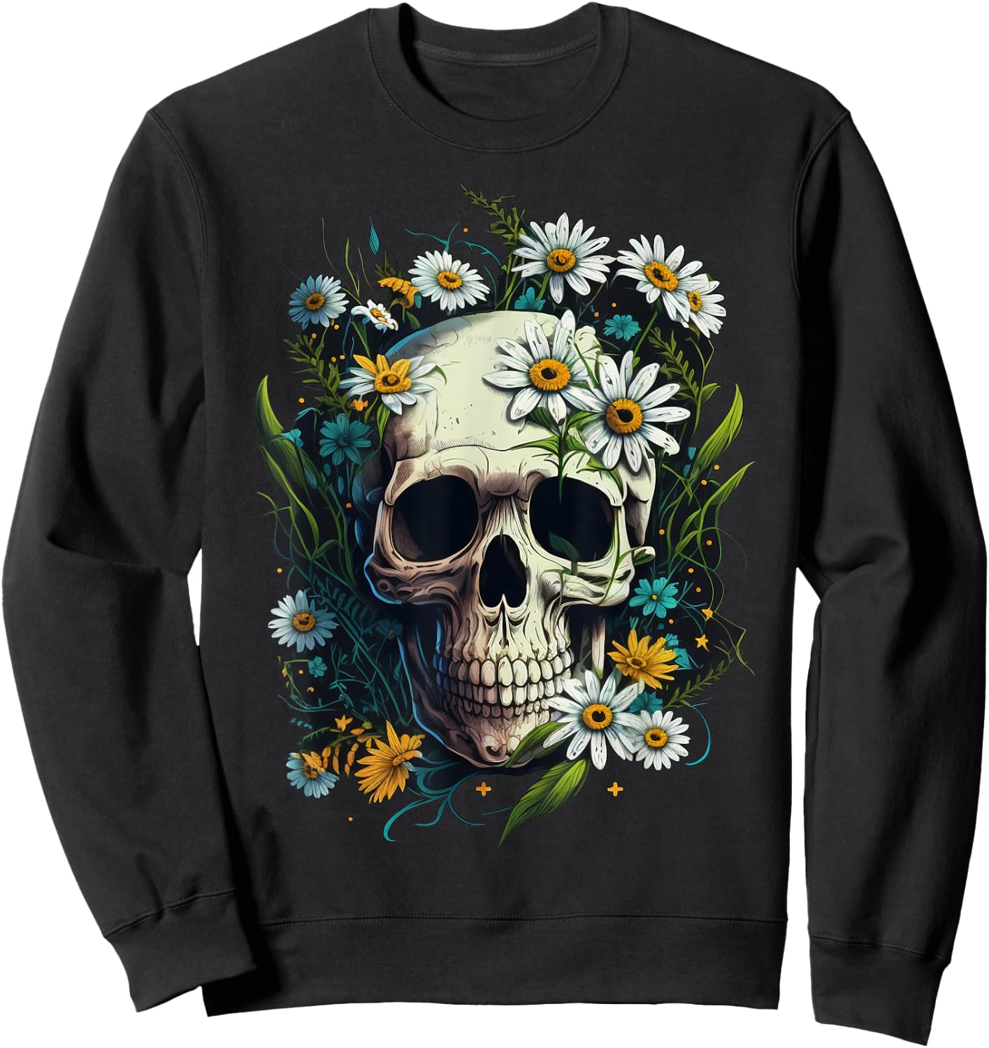 Floral Daisy Flower Skull on Skeleton Daisy Flower Sweatshirt - Sweatshirt | Black
