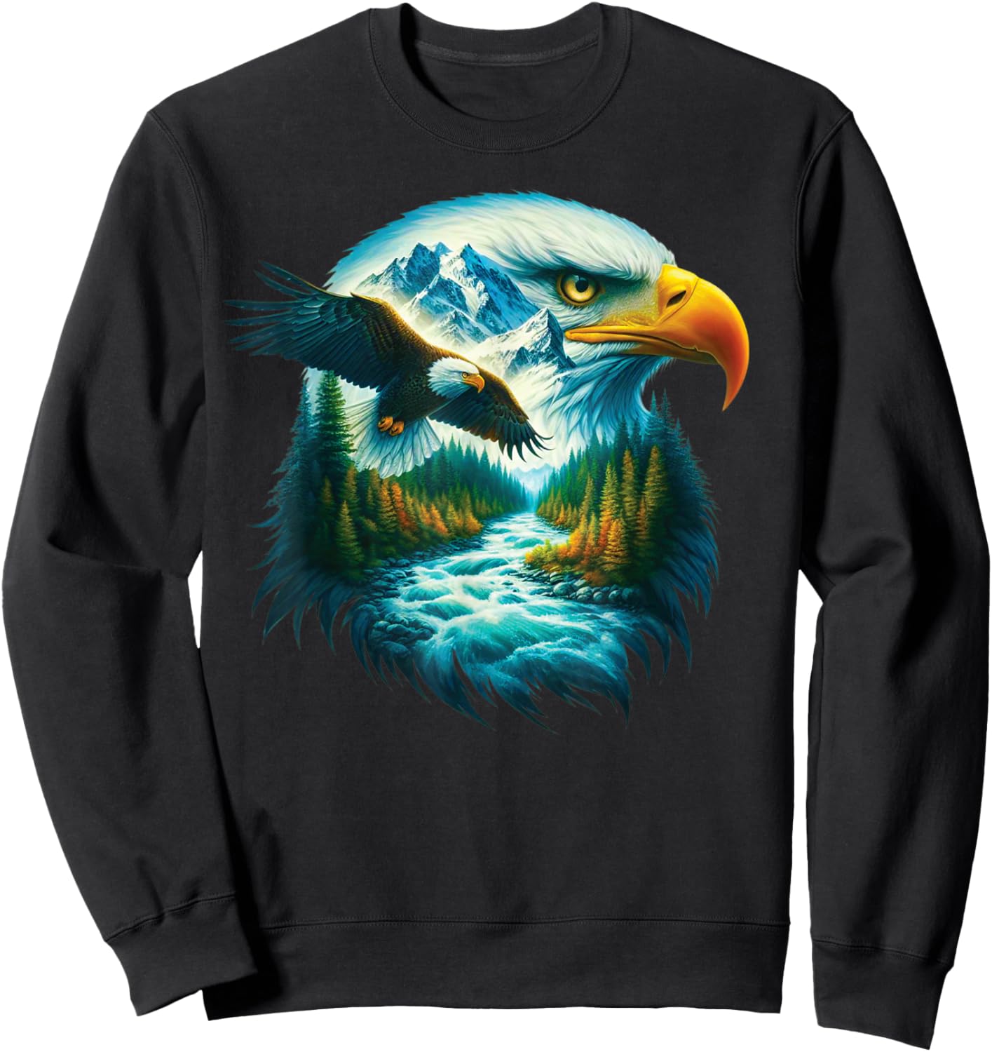Eagle Wildlife Hiking Nature Outdoor Mountains Forest Art Sweatshirt - Sweatshirt | Black