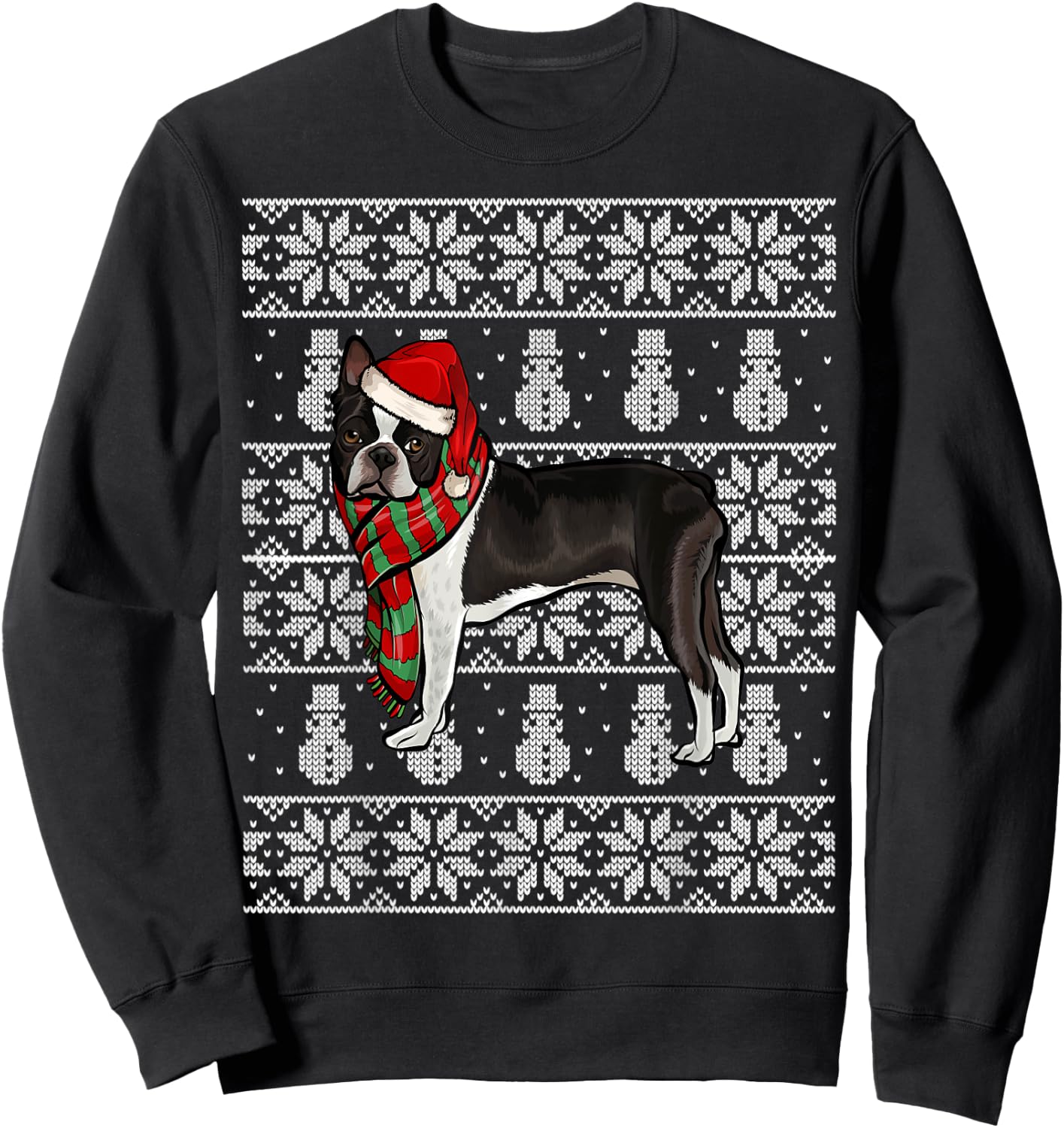 Santa Hat Xmas Boston Terrier Ugly Christmas Sweatshirt - Sweatshirt | Black
