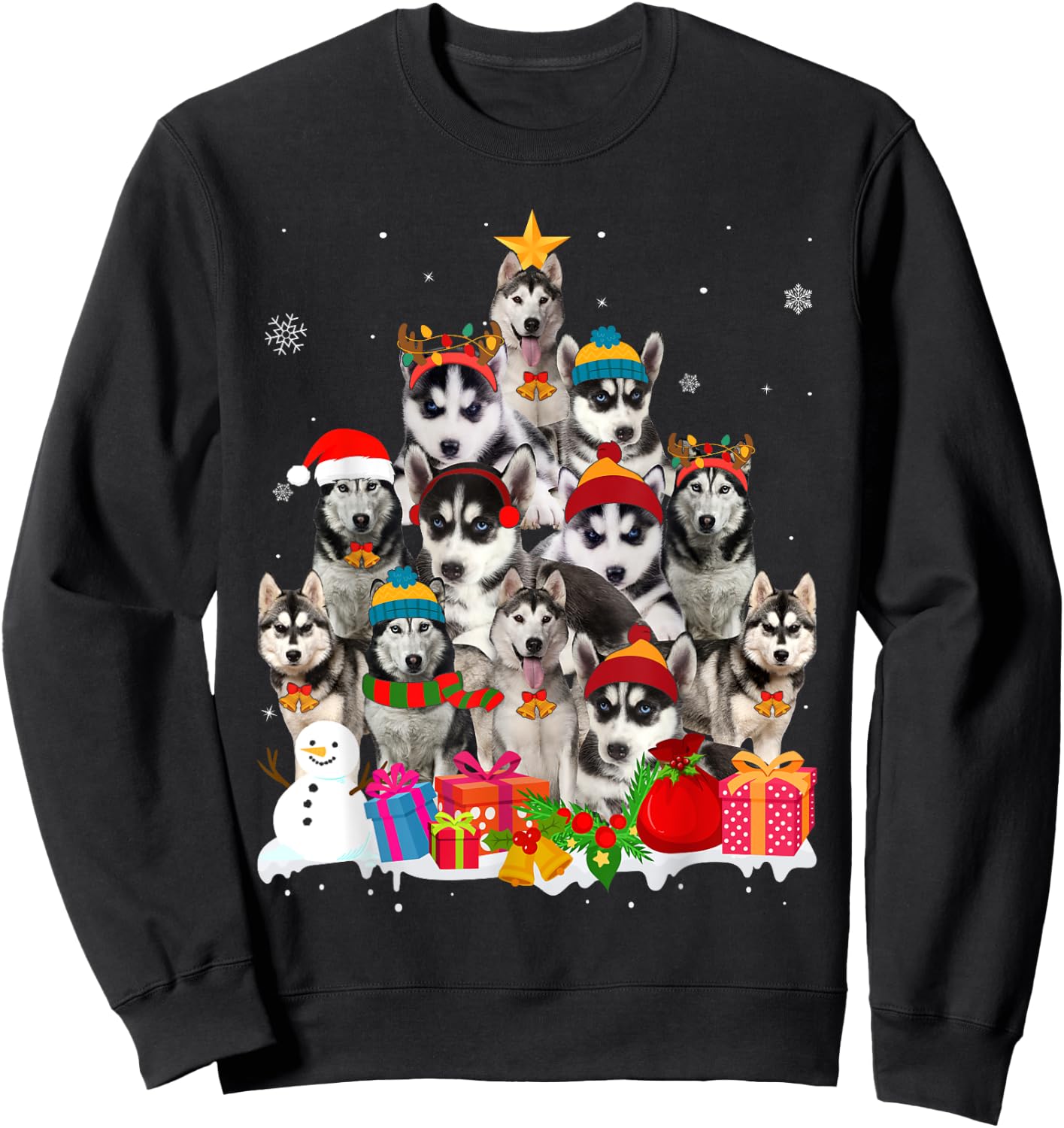 Funny Siberian Husky Christmas Tree Pet Dog Lover Women Kids Sweatshirt - Sweatshirt | Black